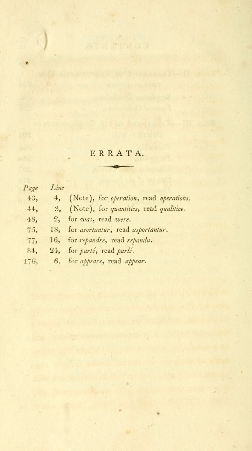 ERRATA. Page Line 43, 4, (Note), for operation, read operations. 44, 3, (Note), for quantities, read qualities. 48, 2, for was, read were. 75, 18, for asortantur, read asportantur. 77> 16, for repandre, read rcpandu. 84, 24, for parte, read parle. 176, fi, for appears, read appear.