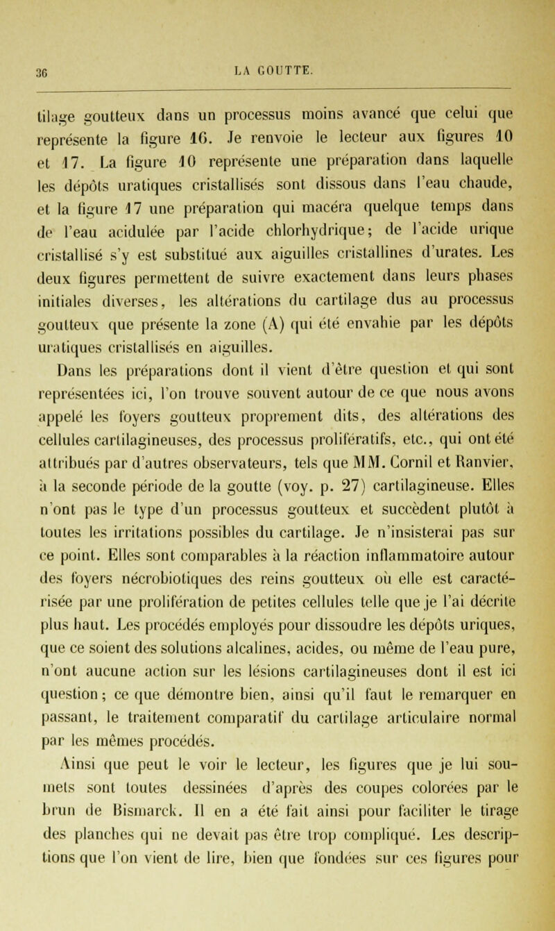 liktge goutteux dans un processus moins avancé que celui que représente la figure 16. Je renvoie le lecteur aux figures 10 et 4 7. La figure 40 représente une préparation dans laquelle les dépôts uratiques cristallisés sont dissous dans l'eau chaude, et la figure 47 une préparation qui macéra quelque temps dans de l'eau acidulée par l'acide chlorhydrique; de l'acide urique cristallisé s'y est substitué aux aiguilles cristallines d'urates. Les deux figures permettent de suivre exactement dans leurs phases initiales diverses, les altérations du cartilage dus au processus goutteux que présente la zone (A) qui été envahie par les dépôts uratiques cristallisés en aiguilles. Dans les préparations dont il vient d'être question et qui sont représentées ici, l'on trouve souvent autour de ce que nous avons appelé les foyers goutteux proprement dits, des altérations des cellules cartilagineuses, des processus proliféra tifs, etc., qui ont été attribués par d'autres observateurs, tels que MM. Gornil et Ranvier. à la seconde période de la goutte (voy. p. 27) cartilagineuse. Elles n'ont pas le type d'un processus goutteux et succèdent plutôt à toutes les irritations possibles du cartilage. Je n'insisterai pas sur ce point. Elles sont comparables à la réaction inflammatoire autour des foyers nécrobiotiques des reins goutteux où elle est caracté- risée par une prolifération de petites cellules telle que je l'ai décrite plus haut. Les procédés employés pour dissoudre les dépôts uriques, que ce soient des solutions alcalines, acides, ou même de l'eau pure, n'ont aucune action sur les lésions cartilagineuses dont il est ici question ; ce que démontre bien, ainsi qu'il faut le remarquer en passant, le traitement comparatif du cartilage articulaire normal par les mêmes procédés. Ainsi que peut le voir le lecteur, les figures que je lui sou- mets sont toutes dessinées d'après des coupes colorées par le brun de Bismarck. Il en a été fait ainsi pour faciliter le tirage des planches qui ne devait pas être trop compliqué. Les descrip- tions que l'on vient de lire, bien que fondées sur ces ligures pour