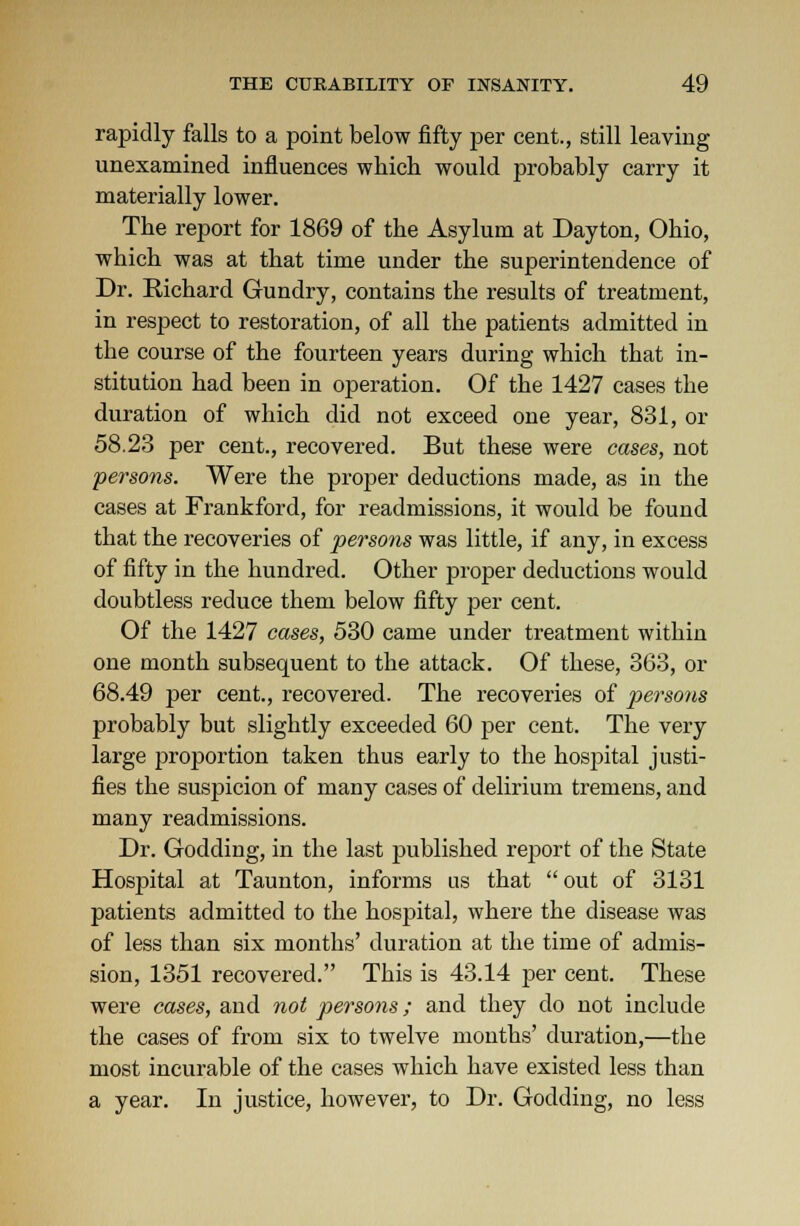 rapidly falls to a point below fifty per cent., still leaving unexamined influences which would probably carry it materially lower. The report for 1869 of the Asylum at Dayton, Ohio, which was at that time under the superintendence of Dr. Richard Gundry, contains the results of treatment, in respect to restoration, of all the patients admitted in the course of the fourteen years during which that in- stitution had been in operation. Of the 1427 cases the duration of which did not exceed one year, 831, or 58.23 per cent., recovered. But these were cases, not persons. Were the proper deductions made, as in the cases at Frankford, for readmissions, it would be found that the recoveries of persons was little, if any, in excess of fifty in the hundred. Other proper deductions would doubtless reduce them below fifty per cent. Of the 1427 cases, 530 came under treatment within one month subsequent to the attack. Of these, 363, or 68.49 per cent., recovered. The recoveries of persons probably but slightly exceeded 60 per cent. The very large proportion taken thus early to the hosjwtal justi- fies the suspicion of many cases of delirium tremens, and many readmissions. Dr. Godding, in the last published report of the State Hospital at Taunton, informs us that  out of 3131 patients admitted to the hospital, where the disease was of less than six months' duration at the time of admis- sion, 1351 recovered. This is 43.14 per cent. These were cases, and not persons; and they do not include the cases of from six to twelve months' duration,—the most incurable of the cases which have existed less than a year. In justice, however, to Dr. Godding, no less