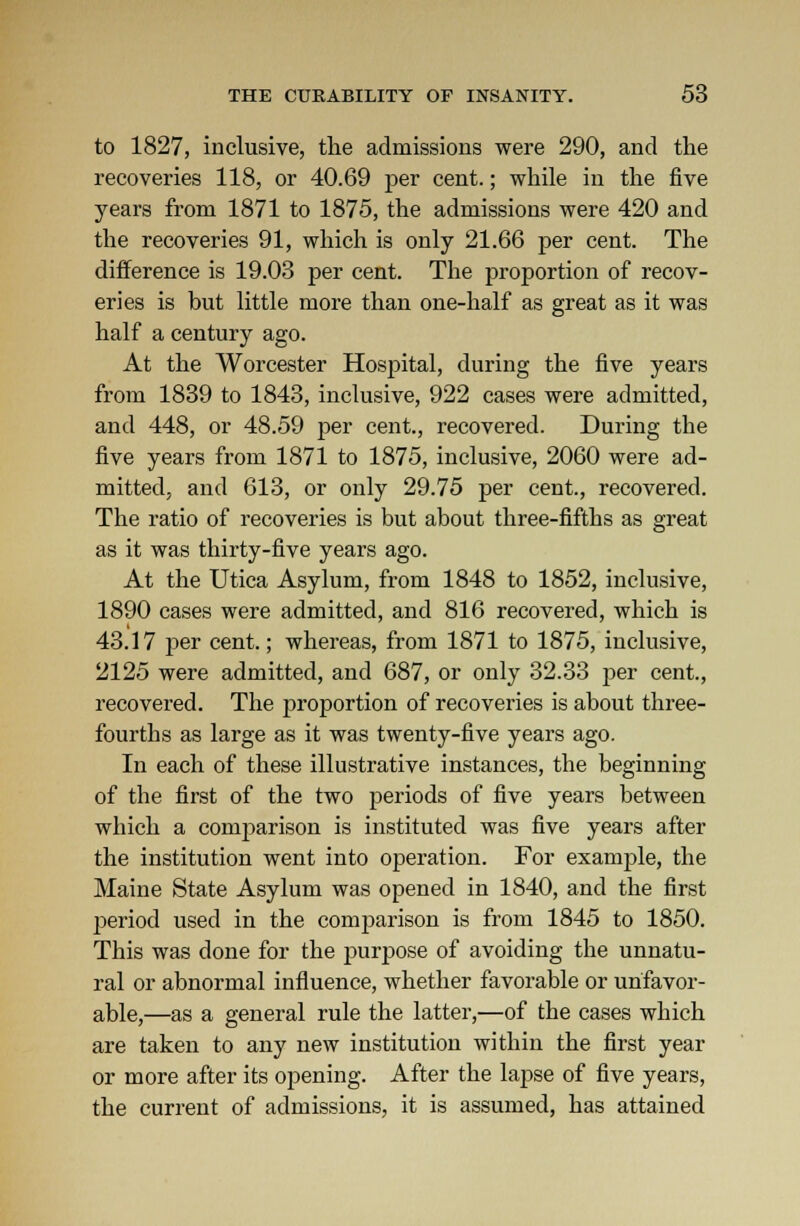 to 1827, inclusive, the admissions were 290, and the recoveries 118, or 40.69 per cent.; while in the five years from 1871 to 1875, the admissions were 420 and the recoveries 91, which is only 21.66 per cent. The difference is 19.03 per cent. The proportion of recov- eries is but little more than one-half as great as it was half a century ago. At the Worcester Hospital, during the five years from 1839 to 1843, inclusive, 922 cases were admitted, and 448, or 48.59 per cent., recovered. During the five years from 1871 to 1875, inclusive, 2060 were ad- mitted, and 613, or only 29.75 per cent., recovered. The ratio of recoveries is but about three-fifths as great as it was thirty-five years ago. At the Utica Asylum, from 1848 to 1852, inclusive, 1890 cases were admitted, and 816 recovered, which is 43.17 per cent.; whereas, from 1871 to 1875, inclusive, 2125 were admitted, and 687, or only 32.33 per cent., recovered. The proportion of recoveries is about three- fourths as large as it was twenty-five years ago. In each of these illustrative instances, the beginning of the first of the two periods of five years between which a comj^arison is instituted was five years after the institution went into operation. For example, the Maine State Asylum was opened in 1840, and the first period used in the comparison is from 1845 to 1850. This was done for the purpose of avoiding the unnatu- ral or abnormal influence, whether favorable or unfavor- able,—as a general rule the latter,—of the cases which are taken to any new institution within the first year or more after its opening. After the lapse of five years, the current of admissions, it is assumed, has attained