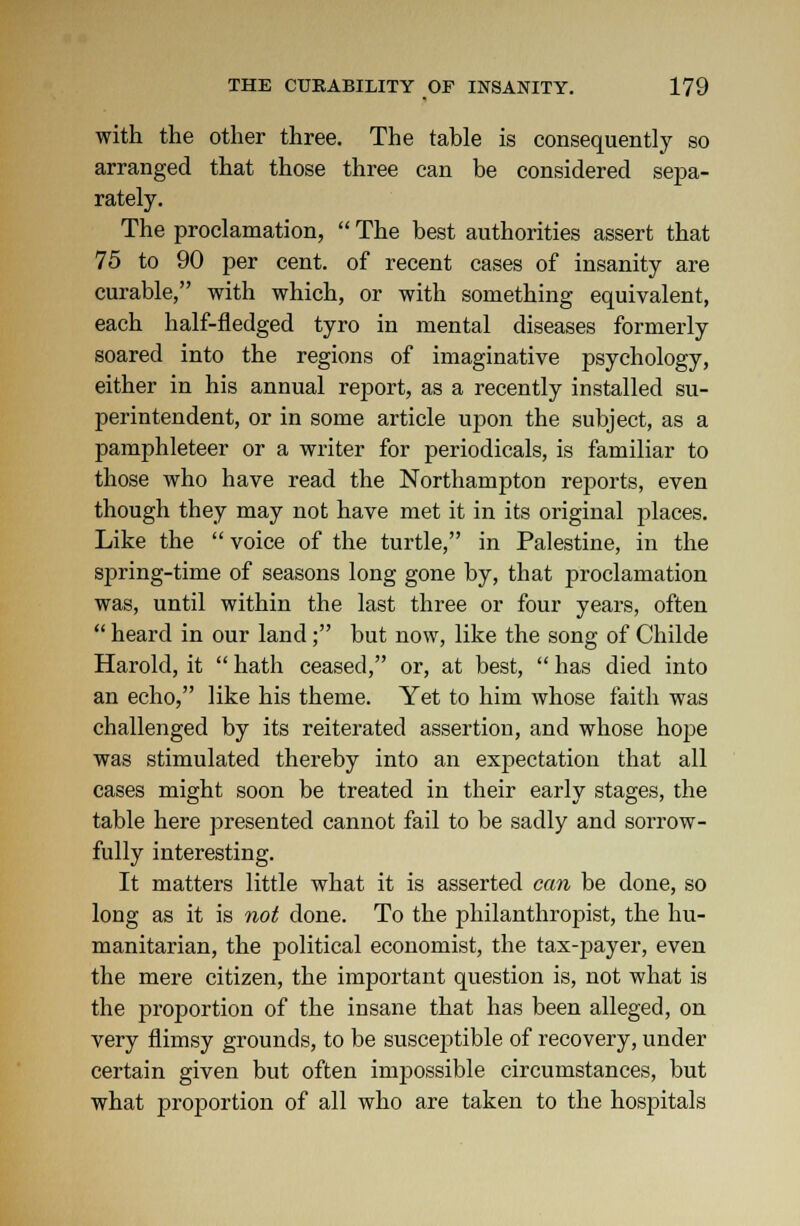 with the other three. The table is consequently so arranged that those three can be considered sepa- rately. The proclamation, The best authorities assert that 75 to 90 per cent, of recent cases of insanity are curable, with which, or with something equivalent, each half-fledged tyro in mental diseases formerly soared into the regions of imaginative psychology, either in his annual report, as a recently installed su- perintendent, or in some article upon the subject, as a pamphleteer or a writer for periodicals, is familiar to those who have read the Northampton reports, even though they may not have met it in its original places. Like the voice of the turtle, in Palestine, in the spring-time of seasons long gone by, that proclamation was, until within the last three or four years, often heard in our land; but now, like the song of Childe Harold, it hath ceased, or, at best, has died into an echo, like his theme. Yet to him whose faith was challenged by its reiterated assertion, and whose hope was stimulated thereby into an expectation that all cases might soon be treated in their early stages, the table here presented cannot fail to be sadly and sorrow- fully interesting. It matters little what it is asserted can be done, so long as it is not done. To the philanthropist, the hu- manitarian, the political economist, the tax-payer, even the mere citizen, the important question is, not what is the proportion of the insane that has been alleged, on very flimsy grounds, to be susceptible of recovery, under certain given but often impossible circumstances, but what proportion of all who are taken to the hospitals