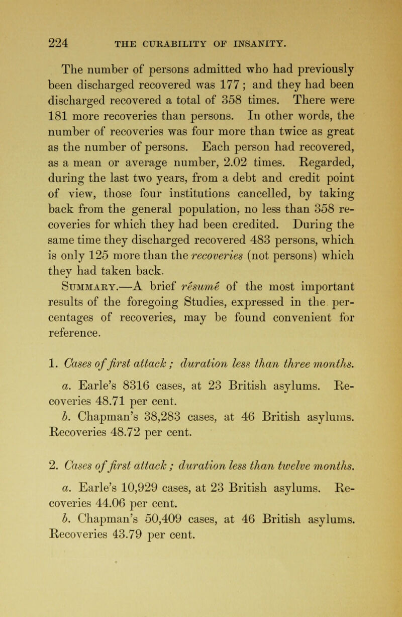 The number of persons admitted who had previously been discharged recovered was 177 ; and they had been discharged recovered a total of 358 times. There were 181 more recoveries than persons. In other words, the number of recoveries was four more than twice as great as the number of persons. Each person had recovered, as a mean or average number, 2.02 times. Regarded, during the last two years, from a debt and credit point of view, those four institutions cancelled, by taking back from the general pojmlation, no less than 358 re- coveries for which they had been credited. During the same time they discharged recovered 483 persons, which is only 125 more than the recoveries (not persons) which they had taken back. Summary.—A brief resume of the most important results of the foregoing Studies, expressed in the per- centages of recoveries, may be found convenient for reference. 1. Cases of first attack; duration less than three months. a. Earle's 8316 cases, at 23 British asylums. Re- coveries 48.71 per cent. b. Chapman's 38,283 cases, at 46 British asylums. Recoveries 48.72 per cent. 2. Cases of first attach ; duration less than twelve months. a. Earle's 10,929 cases, at 23 British asylums. Re- coveries 44.06 per cent. b. Chapman's 50,409 cases, at 46 British asylums. Recoveries 43.79 per cent.