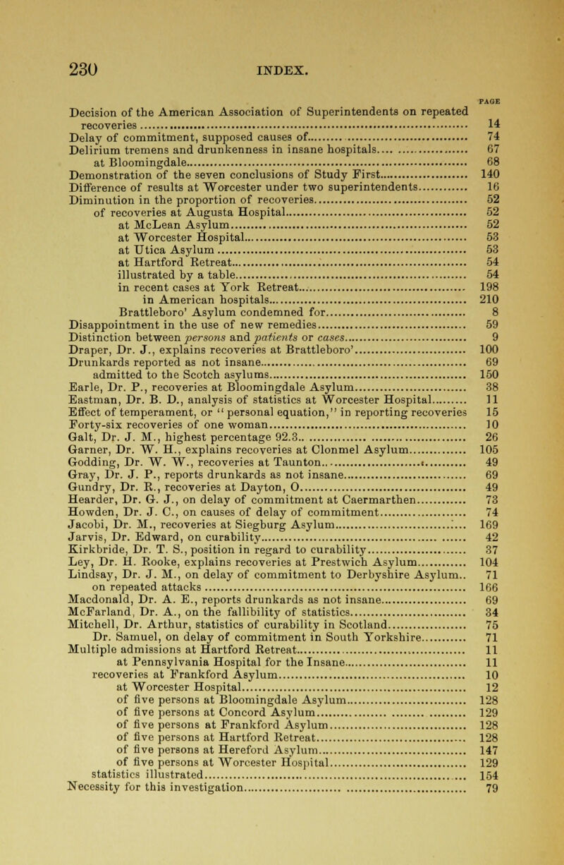 PAGE Decision of the American Association of Superintendents on repeated recoveries 14 Delay of commitment, supposed causes of. 74 Delirium tremens and drunkenness in insane hospitals 67 at Bloomingdale 68 Demonstration of the seven conclusions of Study First 140 Difference of results at Worcester under two superintendents 16 Diminution in the proportion of recoveries 52 of recoveries at Augusta Hospital 52 at McLean Asylum 52 at Worcester Hospital 53 at Utica Asylum 53 at Hartford Retreat 54 illustrated by a table 54 in recent cases at York Retreat 198 in American hospitals 210 Brattleboro' Asylum condemned for 8 Disappointment in the use of new remedies 59 Distinction between persons and patients or cases 9 Draper, Dr. J., explains recoveries at Brattleboro' 100 Drunkards reported as not insane 69 admitted to the Scotch asylums 150 Earle, Dr. P., recoveries at Bloomingdale Asylum 38 Eastman, Dr. B. D., analysis of statistics at Worcester Hospital 11 Effect of temperament, or  personal equation, in reporting recoveries 15 Forty-six recoveries of one woman 10 Gait, Dr. J. M., highest percentage 92.3 26 Garner, Dr. W. H., explains recoveries at Clonmel Asylum 105 Godding, Dr. W. W., recoveries at Taunton 49 Gray, Dr. J. P., reports drunkards as not insane 69 Gundry, Dr. R., recoveries at Dayton, 0 49 Hearder, Dr. G. J., on delay of commitment at Caermarthen 73 Howden, Dr. J. C, on causes of delay of commitment 74 Jacobi, Dr. M., recoveries at Siegburg Asylum ;... 169 Jarvis, Dr. Edward, on curability 42 Kirkbride, Dr. T. S., position in regard to curability 37 Ley, Dr. H. Rooke, explains recoveries at Prestwich Asylum 104 Lindsay, Dr. J. M., on delay of commitment to Derbyshire Asylum.. 71 on repeated attacks 166 Macdonald, Dr. A. E., reports drunkards as not insane 69 McFarland, Dr. A., on the fallibility of statistics 34 Mitchell, Dr. Arthur, statistics of curability in Scotland 75 Dr. Samuel, on delay of commitment in South Yorkshire 71 Multiple admissions at Hartford Retreat 11 at Pennsylvania Hospital for the Insane 11 recoveries at Frankford Asylum 10 at Worcester Hospital 12 of five persons at Bloomingdale Asylum 128 of five persons at Concord Asylum 129 of five persons at Frankford Asylum 128 of five persons at Hartford Retreat 128 of five persons at Hereford Asylum 147 of five persons at Worcester Hospital 129 statistics illustrated ... 154 Necessity for this investigation 79