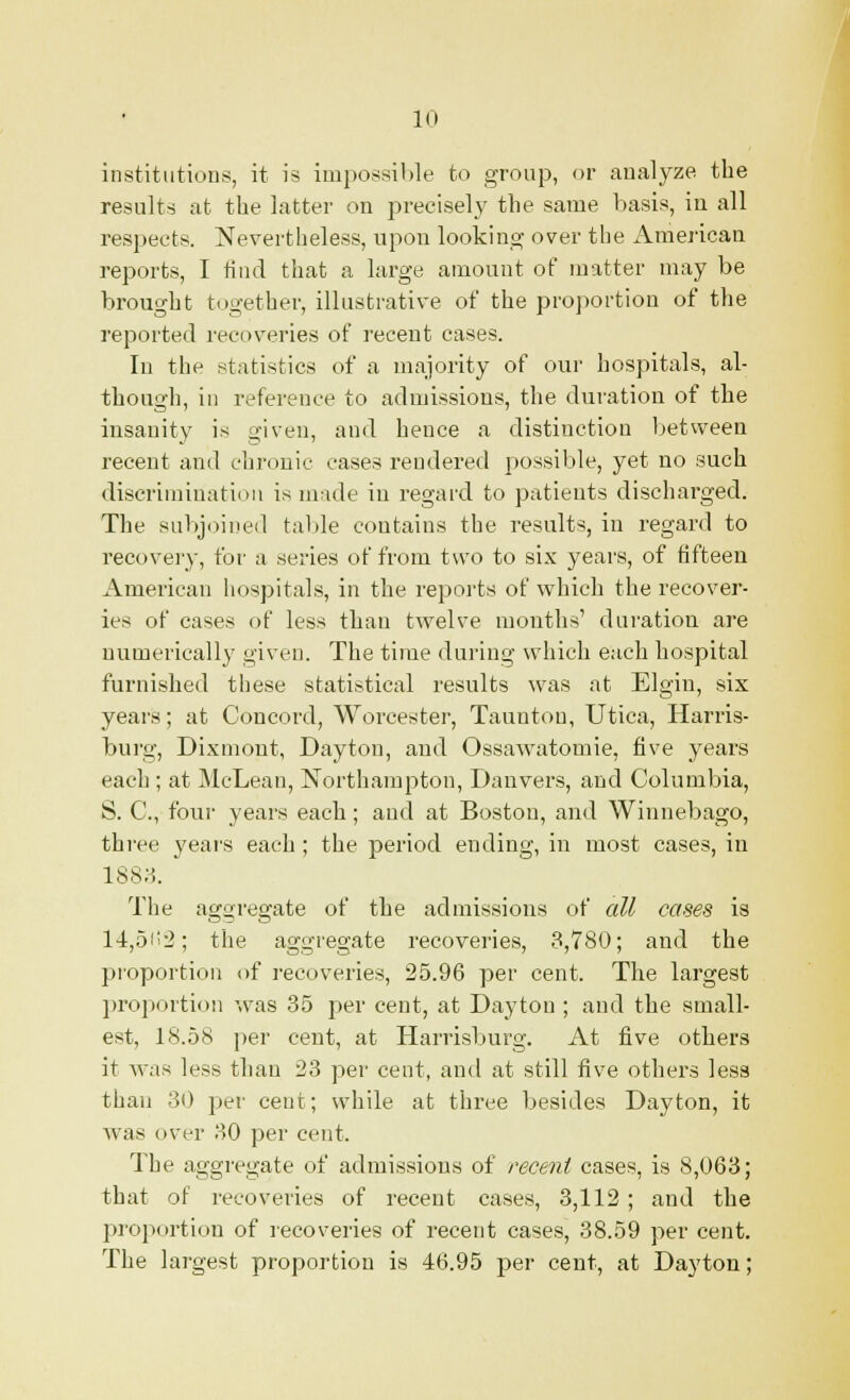 Ill institutions, it is impossible to group, or aualyze the results at the latter ou precisely the same basis, in all respects. Nevertheless, upon looking over the American reports, I find that a large amount of matter may be brought together, illustrative of the proportion of the reported recoveries of recent cases. In the statistics of a majority of our hospitals, al- though, in reference to admissions, the duration of the insanity is given, and hence a distinction between recent and chronic cases rendered possible, yet no such discrimination is made in regard to patients discharged. The subjoined table contains the results, in regard to recovery, for a series of from two to six years, of fifteen American hospitals, in the reports of which the recover- ies of cases of less than twelve months' duration are numerically given. The time during which each hospital furnished these statistical results was at Elgin, six years; at Concord, Worcester, Taunton, Utica, Harris- burg, Dixmont, Dayton, and Ossawatomie, five years each ; at McLean, Northampton, Danvers, and Columbia, S. C, four years each; and at Boston, and Winnebago, three years each ; the period ending, in most cases, in issa. The aggregate of the admissions of all cases is 14,5(52; the aggregate recoveries, 3,780; and the proportion of recoveries, 25.96 per cent. The largest proportion was 35 per cent, at Dayton ; and the small- est, 18.58 per cent, at Harrisburg. At five others it was less than 23 per cent, and at still five others less than 30 per cent; while at three besides Dayton, it was over 30 per cent. The aggregate of admissions of recent cases, is 8,063; that of recoveries of recent cases, 3,112 ; and the proportion of recoveries of recent cases, 38.59 per cent. The largest proportion is 46.95 per cent, at Dayton;