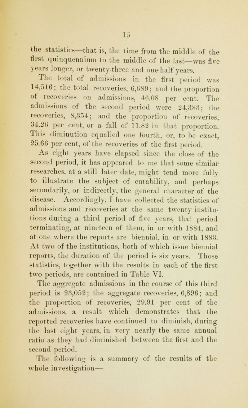 the statistics—that is, the time from the middle of the first quinquennium to the middle of the last—was five years longer, or twenty-three and one-half years. The total of admissions in the first period was 14,516; the total recoveries, 6,689; and the proportion of recoveries on admissions, 46.08 per cent. The admissions of the second period were 24,383; the recoveries, 8,354; and the proportion of recoveries, 34.26 per cent, or a fall of 11.82 in that proportion. This diminution equalled one fourth, or, to be exact, 25.66 per cent, of the recoveries of the first period. As eight years have elapsed since the close of the second period, it has appeared to me that some similar researches, at a still later date, might tend more fully to illustrate the subject of curability, and perhaps secondarily, or indirectly, the general character of the disease. Accordingly, I have collected the statistics of admissions and recoveries at the same twenty institu- tions during a third period of five years, that period terminating, at nineteen of them, in or with 1884, and at one where the reports are biennial, in or with 1883. At two of the institutions, both of which issue biennial reports, the duration of the period is six years. Those statistics, together with the results in each of the first two periods, are contained in Table VI. The a«-2Teo;ate admissions in the course of this third period is 23,052; the aggregate recoveries, 6,896; and the proportion of recoveries, 29.91 per cent of the admissions, a result which demonstrates that the reported recoveries have continued to diminish, during the last eight years, in very nearly the same annual ratio as they had diminished between the first and the second period. The following is a summary of the results of the whole investigation—■