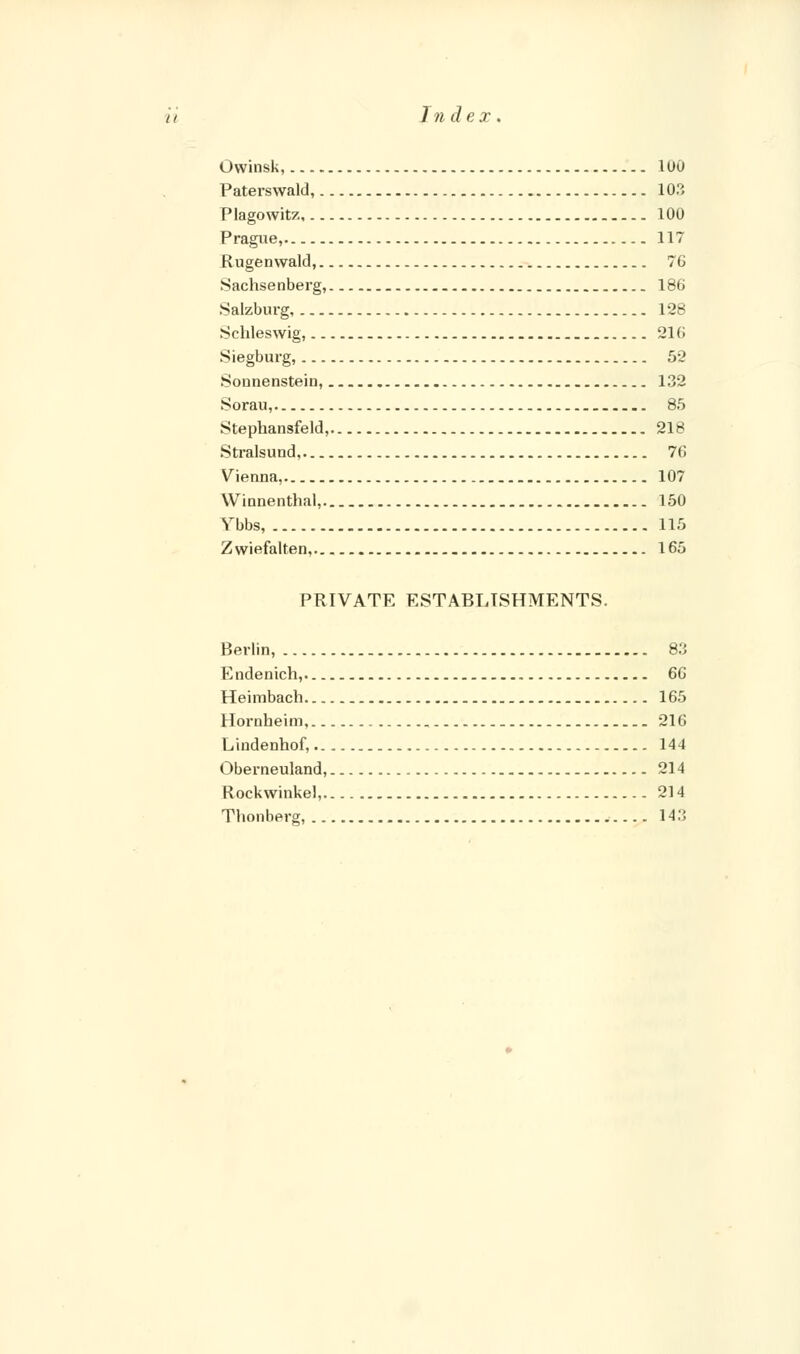 Index. Owinsk, 100 Paterswald, 103 Plagowitz 100 Prague, 117 Rugenvvald, 76 Sachsenberg, 186 Salzburg 128 Schleswig, 216 Siegburg, 52 Sounenstein, 132 Sorau, 85 Stephansfeld, 218 Stralsund, 76 Vienna, 107 Winnenthal, 150 Vbbs, 115 Zwiefalten, 165 PRIVATE ESTABLISHMENTS. Berlin, 83 Endenich, 6G Heimbach 165 Hornheim, 216 Lindenhof, 144 Oberneuland, 214 Rockwinkel, 214 Thonberg, 143