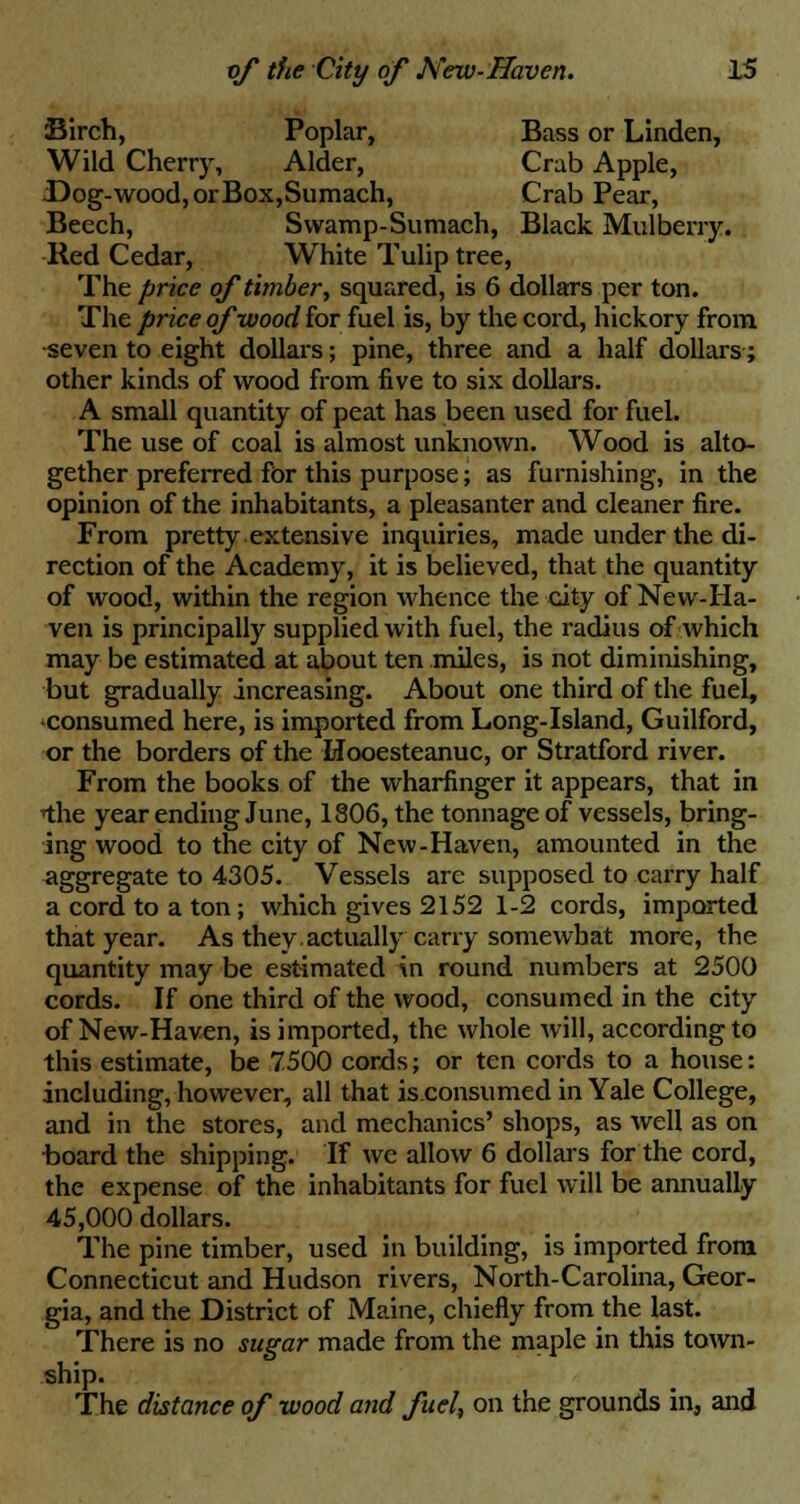 Birch, Poplar, Bass or Linden, Wild Cherry, Alder, Crab Apple, •Dog-wood,orBox,Sumach, Crab Pear, Beech, Swamp-Sumach, Black Mulberry. Red Cedar, White Tulip tree, The price of timber, squared, is 6 dollars per ton. The price of wood for fuel is, by the cord, hickory from seven to eight dollars; pine, three and a half dollars; other kinds of wood from five to six dollars. A small quantity of peat has been used for fuel. The use of coal is almost unknown. Wood is alto- gether preferred for this purpose; as furnishing, in the opinion of the inhabitants, a pleasanter and cleaner fire. From pretty extensive inquiries, made under the di- rection of the Academy, it is believed, that the quantity of wood, within the region whence the city of New-Ha- ven is principally supplied with fuel, the radius of which may be estimated at about ten miles, is not diminishing, but gradually increasing. About one third of the fuel, consumed here, is imported from Long-Island, Guilford, or the borders of the Hooesteanuc, or Stratford river. From the books of the wharfinger it appears, that in ihe year ending June, 1806, the tonnage of vessels, bring- ing wood to the city of New-Haven, amounted in the aggregate to 4305. Vessels arc supposed to carry half a cord to a ton; which gives 2152 1-2 cords, imported that year. As they actually carry somewhat more, the quantity may be estimated in round numbers at 2500 cords. If one third of the wood, consumed in the city of New-Haven, is imported, the whole will, according to this estimate, be 7500 cords; or ten cords to a house: including, however, all that isconsumed in Yale College, and in the stores, and mechanics' shops, as well as on board the shipping. If we allow 6 dollars for the cord, the expense of the inhabitants for fuel will be annually 45,000 dollars. The pine timber, used in building, is imported from Connecticut and Hudson rivers, North-Carolina, Geor- gia, and the District of Maine, chiefly from the last. There is no sugar made from the maple in this town- ship. The distance of wood and fuel, on the grounds in, and