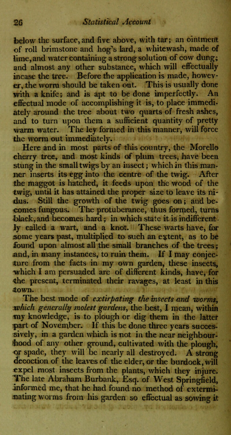 below the surface, and five above, with tar; an ointment of roll brimstone and hog's lard, a whitewash, made of lime, and water containing a strong solution of cow dung; and almost any other substance, which will effectually incase the tree. Before the application is made, howev- er, the worm should be taken out. This is usually done with a knife; and is apt to be done imperfectly. An effectual mode of accomplishing it is, to place immedi- ately around the tree about two quarts of fresh ashes, and to turn upon them a sufficient quantity of pretty warm water. The ley formed in this manner, will force the worm out immediately. Here and in most parts of this country, the Morello cherry tree, and most kinds of plum trees, have been stung in the small twigs by an insect; which in this man- ner inserts its egg into the centre of the twig. After the maggot is hatched, it feeds upon the wood of the twig, until it has attained the proper size to leave its ni- dus. Still the growth of the twig goes on; and be- comes fungous- The protuberance, thus formed, turns 4>lack, and becomes hard; in which state it is indifferent • ly called a wart, and a knot. These warts have, for some years past, multiplied to such an extent, as to be found upon almost all the small branches of the trees; and, in many instances, to ruin them. If I may conjec- ture from the facts in my own garden, these insects, ■which I am persuaded are of different kinds, have, for <the present, terminated their ravages, at least in this town. The best mode of extirpating the insects and worms, which generally molest gardens, the best, I mean, within my knowledge, is to plough or dig them in the latter ■part of November. If this be done three years succes- sively, in a garden which is not in the near neighbour- hood of any otlier ground, cultivated with the plough, or spade, they will be nearly all destroyed. A strong decoction of the leaves of the elder, or the burdock, will expel most insects from the plants, which they injure. The late Abraham Burbank, Esq. of West Springfield, informed me, that he had found no method of extermi- nating worms from his garden so effectual as sowing it