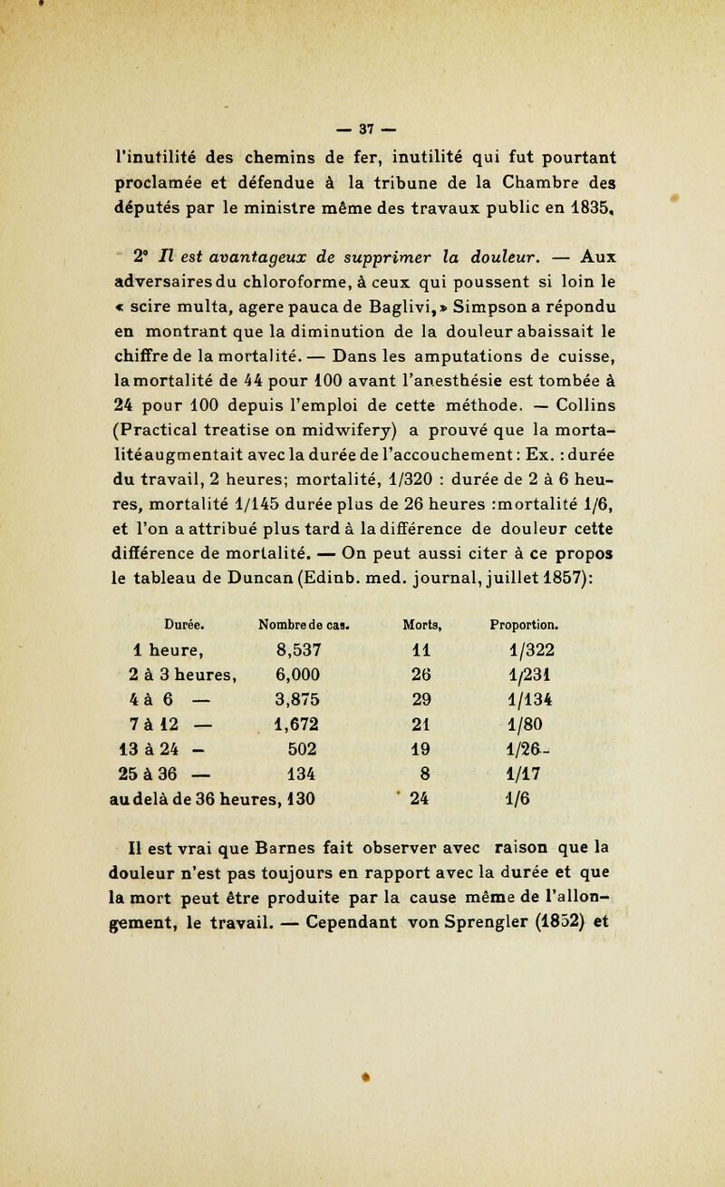 l'inutilité des chemins de fer, inutilité qui fut pourtant proclamée et défendue à la tribune de la Chambre des députés par le ministre même des travaux public en 1835, 2 Il est avantageux de supprimer la douleur. — Aux adversaires du chloroforme, à ceux qui poussent si loin le « scire multa, agerepaucade Baglivi,» Simpson a répondu en montrant que la diminution de la douleur abaissait le chiffre de la mortalité.— Dans les amputations de cuisse, lamortalité de 44 pour 100 avant l'anesthésie est tombée à 24 pour 100 depuis l'emploi de cette méthode. — Collins (Practical treatise on midwifery) a prouvé que la morta- litéaugmentait avec la durée de l'accouchement : Ex. : durée du travail, 2 heures; mortalité, 1/320 : durée de 2 à 6 heu- res, mortalité 1/145 durée plus de 26 heures rmortalité 1/6, et l'on a attribué plus tard à la différence de douleur cette différence de mortalité. — On peut aussi citer à ce propos le tableau de Duncan(Edinb. med. journal, juillet 1857): Durée. Nombre de cas. Morts, Proportion, 1 heure, 8,537 11 1/322 2 à 3 heures, 6,000 26 1/231 4à 6 — 3,875 29 1/134 7 à 12 — 1,672 21 1/80 13 à 24 - 502 19 1/26- 25 à 36 — 134 8 1/17 lu delà de 36 heures, 130 * 24 1/6 Il est vrai que Barnes fait observer avec raison que la douleur n'est pas toujours en rapport avec la durée et que la mort peut être produite par la cause même de l'allon- gement, le travail. — Cependant von Sprengler (1852) et