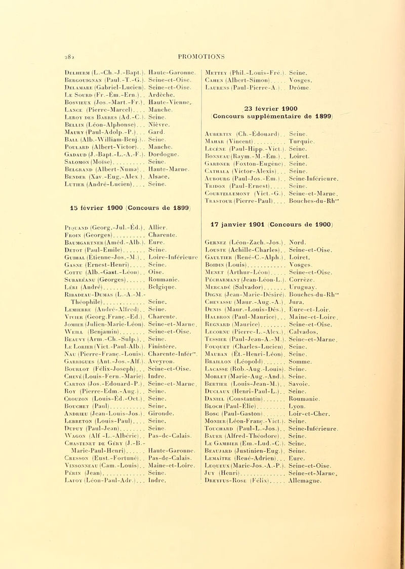 Uelhekm (L.-Ch.-J.-Bapt.). Bergouignan (Paul.-T.-G.). Delamare (Gabriel-Lucien). Le Sourd (Fr.-Ém.-Ern.). . Bosvieûx (Jos.-Mart.-Fr.). Lance (Pierre-Marcel).... Leroy des Barres (Ad.-G). Bellin (Léon-Alphonse). . . Maury (Paul-Adolp.-P.j. . . Ball (Alb.-William-Benj.).. Poulard (Albert-Victor)... Gadaud (J.-Bapt.-L.-A.-F.). Salomon (Moïse) Belgrand (Albert-Numa). . Bender (Xav.-Eug.-Alex.). Lutier (André-Lucien).... Haute-Garonne. Seine-et-Oise. Seine-et-Oise. Ardèche. Haute-Vienne. Manche. Seine. Nièvre. Gard. Seine. Manche. Dordogne. Seine. Haute-Marne. Alsace. Seine. 15 février 1900 (Concours de 1899) Piquakd (Georg.-Jul.-Éd.). Allier. Froin (Georges) Charente. Baumgartner (Améd.-Alb.). Eure. Detot (Paul-Emile) Seine. Guihal (Etienne-Jos.-M.). . Loire-Inférieure Gasne (Ernest-Henri) Seine. Cottu (Alb.-Gast.-Léon). . Oise. Subaréanu (Georges) Roumanie. Léri (André) Belgique. Ribadeau-Du.mas (L.-A.-M.- Théophile) Seine. Lemierre (André-Alfred). . Seine. Vivier (Georg.Franc.-Ed.). Charente. Jomier (Julien-Marie-Léon). Seine-et-Marne. Weill (Benjamin) Seine-et-Oise. Beauvy (Arm.-Ch.-Sulp.). . Seine. Le LoRiER(Vicl.-Paul-Alb.). Finistère. Nau (Pierre-Franc.-Louis). Charente-Infér. Garrigues (Ant.-Jos.-Alf.). Aveyron. Bourlot (Félix-Joseph)... Seine-et-Oise. Chevé(Louis-Kern.-Marie). Indre. Carton (Jos.-Edouard-P.). Seine-et-Marne. Roy (Pierre-Edm.-Aug.). . Seine. Crouzon (Louis-Éd.-Oct.). Seine. Bouchet (Paul) Seine. Andrieu (Jean-Louis-Jos.). Gironde. Lebreton (Louis-Paul). . . . Seine. Dupuy (Paul-Jean) Seine. Wagon (Alf -L.-Albéric). . Pas-de-Calais. Chastenet de Géky' (J.-B.- Marie-Paul-Henri) Haute-Garonne. Cresson (Eust.-Fortuné). . Pas-de-Calais. Vinsonneau (Cam.-Louis). . Maine-et-Loire. Pékin (Jean) Seine. Laioy (Léon-Paul-Adr.i. . . Indre. Mettey (Phil.-Louis-Fré.). Seine. Cahen (Albert-Simon) Vosges. Laurens (Paul-Pierre-A.). . Drôme. 23 février 1900 Concours supplémentaire de 1899 Aubertin (Ch.-Edouard). . Seine. Mahar (Vincent) Turquie. Lêcène (Paul-Hipp.-Vict.). Seine. BoNNEAu(Raym.-M.-Ém.). . Loiret. Gardner (Foxton-Eugènc). Seine. Cathala (Victor-Alexis). . . Seine. AuBorjRG (Paul-Jos.-Em.). . Seine-Inférieure. Thidon (Paul-Ernest) Seine. Courtellemont (Vict.-G.). Seine-et-Marne. Trastour (Pierre-Paul). . . . Bouches-du-Rh' 17 janvier 1901 [Concours de 1900) Gernez (Léon-Zach.-Jos.). Nord. Louste (Achille-Charles).. Seine-et-Oise. Gaultier (René-C.-Alph.). Loiret. Boidin (Louis) Vosges. Menet (Arthur-Léon) Seine-et-Oise. Pécharmant (Jean-Léon-L.). Corrèze. Mekcadé (Salvador) Uruguay. Digne (Jean-Marie-Désiré). Bouches-du-Rh* Chevassu (Maur.-Aug.-A.). Jura. Denis (Maur.-Louis-Dés.). Eure-et-Loir. Halbkon (Paul-Maurice). . . Maine-et-Loire. Regnard (Maurice) Seine-et-Oise. Lecornu (Pierre-L.-A]ex.). Calvados. Tessier (Paul-Jcan-A.-M.). Seine-et-Marne. Fouquet (Charles-Lucien). Seine. Mauban (Et.-Henri-Léon). Seine. Braillon (Léopold) Somme. Laçasse (Rob.-Aug.-Louis). Seine. Morlet (Marie-Aug.-And.). Seine. Bertier (Louis-Jean-M.). . Savoie. Duclaux (Henri-Paul-L.). . Seine. Daniel (Constantin) Roumanie. Bloch (Paul-Elie) Lyon. Bosc (Paul-Gaston) Loir-et-Cher. MoNiEiî(Léon-Franç.-Vict.). Seine. Touchard (Paul-L.-Jos.). . Seine-Inférieure. Bauer (Alfred-Théodore). . Seine. Le Gambier (Em.-Lud.-C). Seine. Beaujard (Justinien-Eug.). Seine. Lemaître (René-Adrien)... Eure. LEQUEUx(Marie-Jos.-A.-P.). Seine-et-Oise. Juy (Henri) Seine-et-Marne. Dreyfus-Rose (Félix) Allemagne.