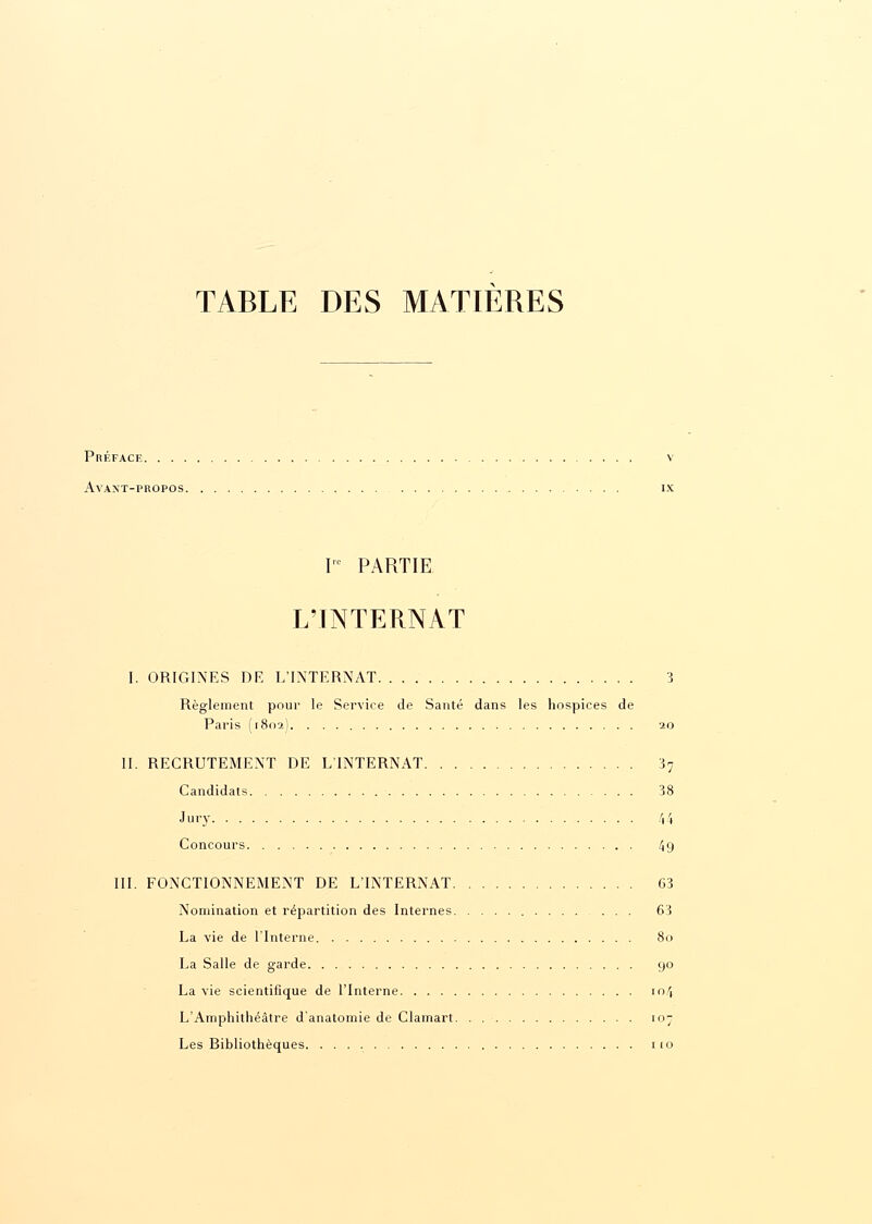 TABLE DES MATIERES Préface v Avant-propos ix T PARTIE L'INTERNAT I. ORIGINES DR L'INTERNAT 3 Règlement pour le Service de Santé dans les hospices de Paris (1802) 20 II. RECRUTEMENT DE L'INTERNAT 37 Candidats 38 Jury 44 Concours 49 III. FONCTIONNEMENT DE L'INTERNAT 63 Nomination et répartition des Internes 63 La vie de l'Interne 80 La Salle de garde 90 La vie scientifique de l'Interne 104 L'Amphithéâtre d'anatomie de Clamart 107 Les Bibliothèques 110