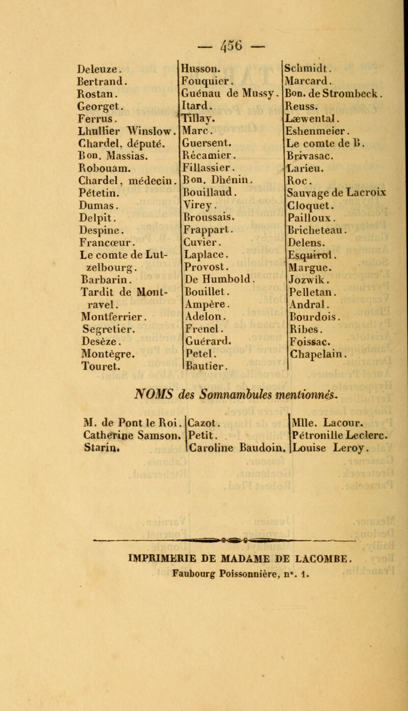 Deleuze. Husson. Schmidt. Bertrand. Fouquier. Marcard. Rostan. Guénau de Mussy. Bon. de Strombeck. Georget. Itard. Reuss. Ferrus. Tillay. Laew entai. Lhullier Winslow. Marc. Eshenmeier. Chardel, député. Guersent. Le comte de B. Bon. Massias. Récamier. Brivasac. Robouam. Fillassier. Larieu. Chardel, médecin. Bon. Dhénin. Roc. Pétetin. Bouillaud. Sauvage de Lacroix Dumas. Virey. Gloquet. Delpit. Broussais. Pailloux. Despine. Frappart. Bricheteau. Francœur. Cuvier. Delens. Le comte de Lut- Laplace. Esquiroi. zelbourg. Provost. RI argue. Barbarin. De Humbold. Jozwik. Tardit de Mont- Bouillet. Pelletan. ravel. Ampère. Andral. Montferrier. Adelon. Bourdois. Segretier. Frenel. Ribes. Desèze. Guérard. Foissac. Montègre. Petel. Chapelain. Touret. Bautier. NOMS des Somnambules mentionnés* M. de Pont le Roi. Catherine Samson. Starin. Cazot. IMlle. Lacour. Petit. lPétronille Leclerc. Caroline Baudoin. JLouise Leroy. -?vS».-ç- IMPRIMERIE DE MADAME DE LACOMBE Faubourg Poissonnière, n. 1.