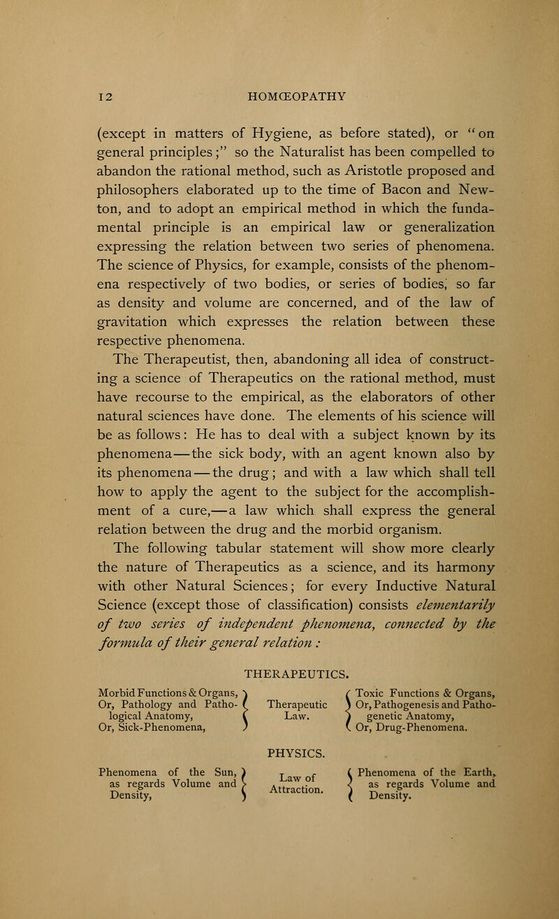 (except in matters of Hygiene, as before stated), or on general principles; so the Naturalist has been compelled to abandon the rational method, such as Aristotle proposed and philosophers elaborated up to the time of Bacon and New- ton, and to adopt an empirical method in which the funda- mental principle is an empirical law or generalization expressing the relation between two series of phenomena. The science of Physics, for example, consists of the phenom- ena respectively of two bodies, or series of bodies, so far as density and volume are concerned, and of the law of gravitation which expresses the relation between these respective phenomena. The Therapeutist, then, abandoning all idea of construct- ing a science of Therapeutics on the rational method, must have recourse to the empirical, as the elaborators of other natural sciences have done. The elements of his science will be as follows: He has to deal with a subject known by its phenomena—the sick body, with an agent known also by its phenomena — the drug; and with a law which shall tell how to apply the agent to the subject for the accomplish- ment of a cure,— a law which shall express the general relation between the drug and the morbid organism. The following tabular statement will show more clearly the nature of Therapeutics as a science, and its harmony with other Natural Sciences; for every Inductive Natural Science (except those of classification) consists elementarily of two series of independent phenomena, connected by the formula of their general relation : THERAPEUTICS. Morbid Functions & Organs, \ ( Toxic Functions & Organs, Or, Pathology and Patho- f Therapeutic \ Or, Pathogenesis and Patho- logical Anatomy, ( Law. \ genetic Anatomy, Or, Sick-Phenomena, / ' Or, Drug-Phenomena. PHYSICS. Law of Phenomena of the Sun, ) t r ( Phenomena of the Earth,. as regards Volume and > A w . \ as regards Volume and Density, ) Attracti°n- } Density.