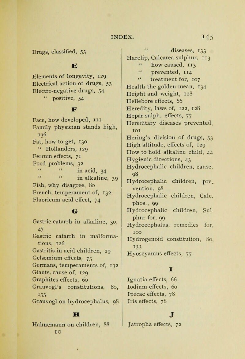 Drugs, classified, 53 Elements of longevity, 129 Electrical action of drugs, 53 Electro-negative drugs, 54  positive, 54 Face, how developed, 111 Family physician stands high, 136 Fat, how to get, 130  Hollanders, 129 Ferrum effects, 71 Food problems, 32   in acid, 34   in alkaline, 39 Fish, why disagree, 80 French, temperament of, 132 Fluoricum acid effect, 74 G Gastric catarrh in alkaline, 30, 47 Gastric catarrh in malforma- tions, 126 Gastritis in acid children, 29 Gelsemium effects, 73 Germans, temperaments of, 132 Giants, cause of, 129 Graphites effects, 60 Grauvogl's constitutions, 80, 133 Grauvogl on hydrocephalus, 98 H Hahnemann on children, 88 10  diseases, 133 Harelip, Calcarea sulphur, 113  how caused, 113  prevented, 114  treatment for, 107 Health the golden mean, 134 Height and weight, 128 Hellebore effects, 66 Heredity, laws of, 122, 128 Hepar sulph. effects, 77 Hereditary diseases prevented, lOI Hering's division of drugs, 53 High altitude, effects of, 129 How to hold alkaline child, 44 Hygienic directions, 43 Hydrocephalic children, cause, 98 Hydrocephalic children, pre. vention, 98 Hydrocephalic children, Calc. phos., 99 Hydrocephalic children. Sul- phur for, 99 Hydrocephalus, remedies for, 100 Hydrogenoid constitution, So, 133 Hyoscyamus effects, 77 Ignatia effects, 66 lodium effects, 60 Ipecac effects, 78 Iris effects, 78 Jatropha effects, 72