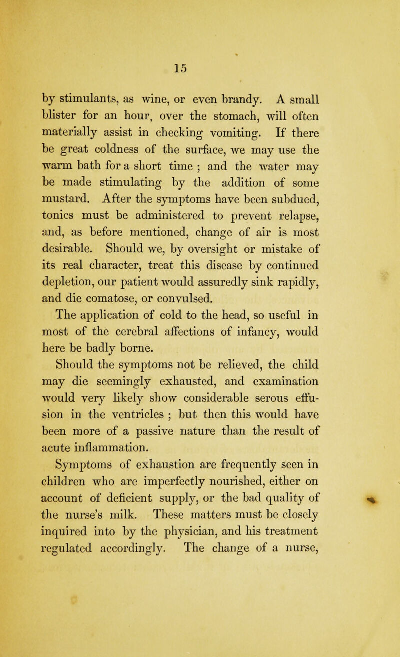 by stimulants, as wine, or even brandy. A small blister for an hour, over the stomach, will often materially assist in checking vomiting. If there be great coldness of the surface, we may use the warm bath for a short time ; and the water may be made stimulating by the addition of some mustard. After the symptoms have been subdued, tonics must be administered to prevent relapse, and, as before mentioned, change of air is most desirable. Should we, by oversight or mistake of its real character, treat this disease by continued depletion, our patient would assuredly sink rapidly, and die comatose, or convulsed. The application of cold to the head, so useful in most of the cerebral affections of infancy, would here be badly borne. Should the symptoms not be relieved, the child may die seemingly exhausted, and examination would very likely show considerable serous eifu- sion in the ventricles ; but then this would have been more of a passive nature than the result of acute inflammation. Symptoms of exhaustion are frequently seen in children who are imperfectly nourished, either on account of deficient supply, or the bad quality of the nurse's milk. These matters must be closely inquired into by the physician, and liis treatment regulated accordingly. The change of a nurse,