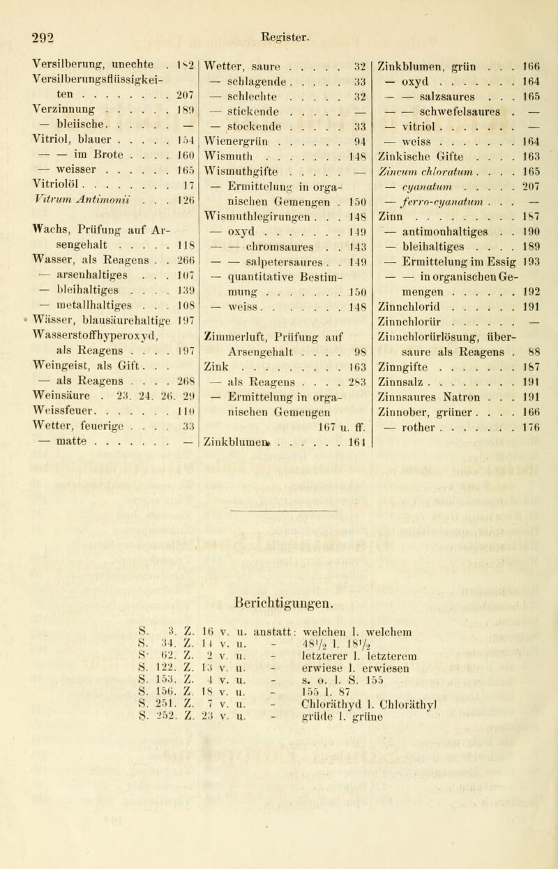 Versilberung, unechte . 182 Versilberungsflüssigkei- ten 207 Verzinnung 189 — bleiische — Vitriol, blauer 154 im Brote .... 160 — weisser 165 Vitriolöl 17 Vitrum Antimonii ... 126 Wachs, Prüfung auf Ar- sengehalt HS Wasser, als Reagens . . 266 — arsenhaltiges . . . 107 — bleihaltiges .... J.'ü) — metallhaltiges ... 108 • Wässer, blausäurehaltige 197 Wasserstoffhyperoxyd, als Reagens . ... 197 Weingeist, als Gift. . . — als Reagens . . . .268 Weinsäure . 23. 24. 20. 29 Weissfeuer I In Wetter, feuerige .... 33 — matte — Wetter, saure 32 — schlagende 33 — schlechte 32 — stickende — — stockende 33 Wienergrün 94 Wismuth 148 Wismuthgifte — — Ermittelung in orga- nischen Gemengen . 150 Wismuthlegirungen . . . 148 — oxyd 149 chromsaures . . 143 — — salpetersaures . . 149 — quantitative Bestim- mung 150 — weiss 148 Zimmerluft, Prüfung auf Arsengehalt .... 98 Zink 163 — als Reagens .... 283 — Ermittelung in orga- nischen Gemengen 167 u. ff. Zinkblumen» 164 Zinkblumen, grün . . . 166 — oxyd 164 — — salzsaures . . . 165 schwefelsaures . — — vitriol — — weiss 164 Zinkische Gifte .... 163 Zincum chloratum. . . .165 — cyanatwm 207 — ferro-ci/ancdum ... — Zinn 1^7 — antimonhaltiges . . 190 — bleihaltiges .... 189 — Ermittelung im Essig 193 — — in organischen Ge- mengen 192 Zinnchlorid 191 Zinnchlorür — Ziunchlorürlüsung, über- saure als Reagens . 88 Zinngifte 187 Zinnsalz 191 Zinnsaures Natron ... 191 Zinnober, grüner. . . .166 — rother 176 Berichtigungen. S. 3. Z. 16 v. u. anstatt: welchen 1. welchem S. 34. Z. 1I v. u. S 62. Z. 2 v. u. S. 122. Z. l:t v. u. S. 153. Z. 1 v. u. S. 156. Z. 18 v. u. S. 251. Z. 7 v. u. S. 252. Z. 23 v. u. ■IM/.., 1. 18i/2 letzterer 1. letzterem erwiese 1. erwiesen s. o. 1. S. 155 155 1. 87 Chloräthyd 1. Chloräthyl grüdc 1. grüne