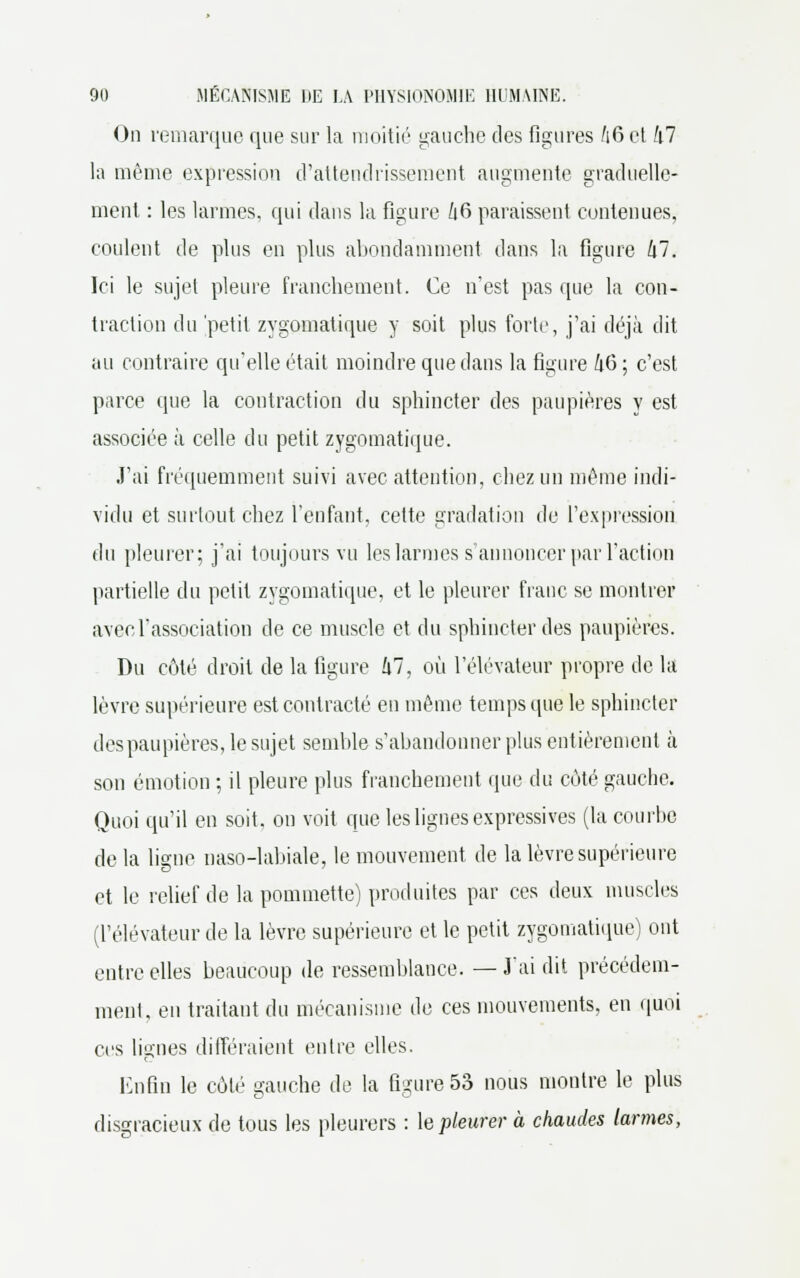 On remarque que sur la moitié gauche des figures A6 et kl la même expression d'attendrissement augmente graduelle- ment : les larmes, qui dans la figure /|6 paraissent contenues, coulent de plus en plus abondamment dans la figure kl. Ici le sujet pleure franchement. Ce n'est pas que la con- traction du 'petit zygomatique y soit plus forte, j'ai déjà dit au contraire qu'elle était moindre que dans la figure i6 ; c'est parce que la contraction du sphincter des paupières y est associée à celle du petit zygomatique. J'ai fréquemment suivi avec attention, chez un môme indi- vidu et surtout chez l'enfant, cette gradation de l'expression du pleurer; j'ai toujours vu les larmes s'annoncer par l'action partielle du petit zygomatique, et le pleurer franc se montrer avec l'association de ce muscle et du sphincter des paupières. Du côté droit de la ligure kl, où l'élévateur propre de la lèvre supérieure est contracté en même temps que le sphincter despaupières, le sujet semble s'abandonner plus entièrement à son émotion ; il pleure plus franchement que du côté gauche. Quoi qu'il en soit, on voit que les lignes expressives (la courbe de la ligne naso-labiale, le mouvement de la lèvre supérieure et le relief de la pommette) produites par ces deux muscles (l'élévateur de la lèvre supérieure et le petit zygomatique) ont entre elles beaucoup de ressemblance. — J'ai dit précédem- ment, en traitant du mécanisme de ces mouvements, en quoi ces lignes différaient entre elles. Enfin le côté gauche de la figure 53 nous montre le plus disgracieux de tous les pleurers : le pleurer à chaudes larmes,