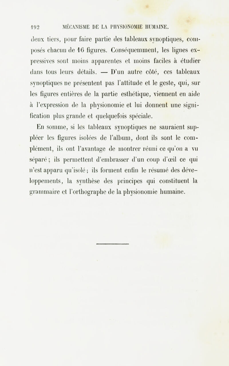 deux tiers, pour faire partie des tableaux synoptiques, com- posés chacun de 16 figures. Conséquemmenl, les lignes ex- pressives sont moins apparentes et moins faciles à étudier dans tous leurs détails. — D'un autre côté, ces tableaux synoptiques ne présentent pas l'attitude et le geste, qui, sur les figures entières de la partie esthétique, viennent en aide à l'expression de la physionomie et lui donnent une signi- fication plus grande et quelquefois spéciale. En somme, si les tableaux synoptiques ne sauraient sup- pléer les figures isolées de l'album, dont ils sont le com- plément, ils ont l'avantage de montrer réuni ce qu'on a vu séparé ; ils permettent d'embrasser d'un coup d'oeil ce qui n'est apparu qu'isolé; ils forment enfin le résumé des déve- loppements, la synthèse des principes qui constituent la grammaire et l'orthographe de la physionomie humaine.