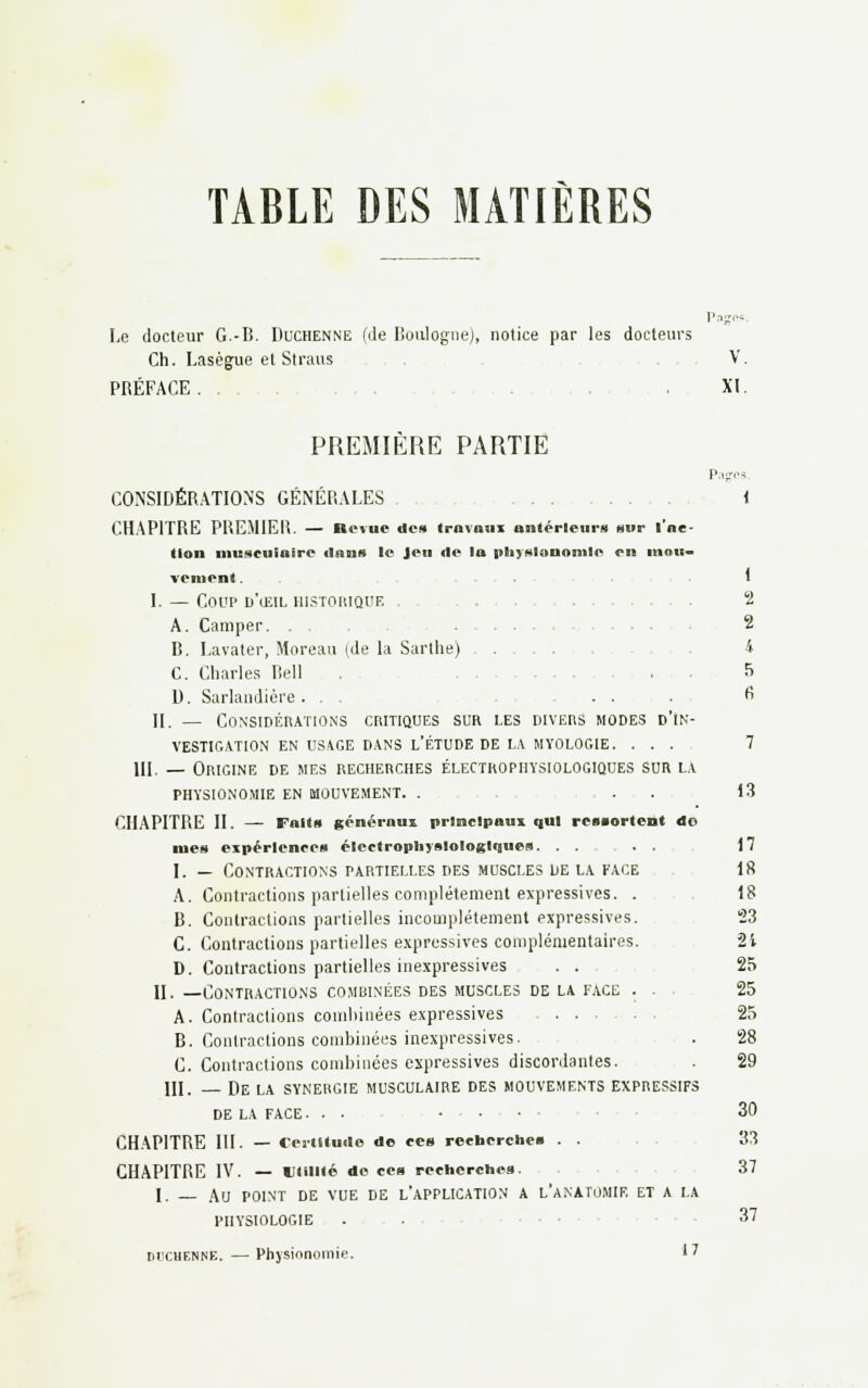 TABLE DES MATIÈRES Le docteur G.-B. Duchenne (de Boulogne), notice par les docteurs Ch. Lasègue et Straus V. PRÉFACE. . .XI. PREMIÈRE PARTIE P;i<TPS. CONSIDÉRATIONS GÉNÉRALES < CHAPITRE PREMIER. — Bévue de» trnvnui antérieur» sur l'ac- tion musculaire dans le Jeu de la physionomie on mou- vement . 1 I. — Coup d'usil historique ...... 2 A. Camper. . . .... 2 B. Lavater, Moreau (de la Sarthe) . 4 C. Charles Bell . ... 5 D. Sarlandière... ...... 6 II. — Considérations critiques sur les divers modes d'In- vestigation en usage dans l'étude de la myologie. ... 7 III. — Origine de mes recherches électrophysiologiques sur la physionomie en mouvement. . 13 CHAPITRE II. — Fait» généraux principaux qui rcscortent do mes expérience» électrophysiologiques. . . 17 I, _ Contractions partielles des muscles de la face 18 A. Contractions partielles complètement expressives. . 18 B. Contractions partielles incomplètement expressives. 23 C. Contractions partielles expressives complémentaires. 21 D. Contractions partielles inexpressives . . 25 II. —Contractions combinées des muscles de la face ... 25 A. Contractions combinées expressives ... 25 B. Contractions combinées inexpressives. . 28 C. Contractions combinées expressives discordantes. . 29 III. — De la synergie musculaire des mouvements expressifs DE LA FACE. . • ... CHAPITRE III. — Certitude de ce» recherche» . . 33 CHAPITRE IV. — Utilité de ce» recherches. 37 I. _ Au point de vue de l'application a l'anatumif. et a la physiologie . • 37 ducueiwe. —Physionomie. '7 30