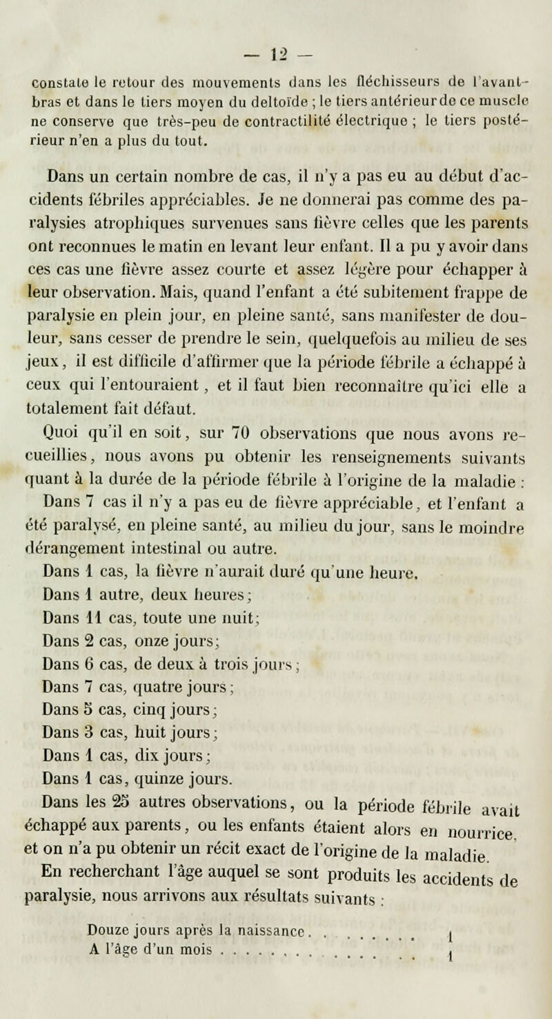 constate le retour des mouvements dans les fléchisseurs de l'avant- bras et dans le tiers moyen du deltoïde ; le tiers antérieurdo ce muscle ne conserve que très-peu de contractilité électrique ; le tiers posté- rieur n'en a plus du tout. Dans un certain nombre de cas, il n'y a pas eu au début d'ac- cidents fébriles appréciables. Je ne donnerai pas comme des pa- ralysies atrophiques survenues sans lièvre celles que les parents ont reconnues le matin en levant leur enfant. Il a pu y avoir dans ces cas une lièvre assez courte et assez légère pour échapper à leur observation. Mais, quand l'enfant a été subitement frappe de paralysie en plein jour, en pleine santé, sans manifester de dou- leur, sans cesser de prendre le sein, quelquefois au milieu de ses jeux, il est difiieile d'affirmer que la période fébrile a échappé à ceux qui l'entouraient, et il faut bien reconnaître qu'ici elle a totalement fait défaut. Quoi qu'il en soit, sur 70 observations que nous avons re- cueillies, nous avons pu obtenir les renseignements suivants quant à la durée de la période fébrile a l'origine de la maladie : Dans 7 cas il n'y a pas eu de fièvre appréciable, et l'enfant a été paralysé, en pleine santé, au milieu du jour, sans le moindre dérangement intestinal ou autre. Dans 1 cas, la fièvre n'aurait duré qu'une heure. Dans 1 autre, deux heures; Dans H cas, toute une nuit; Dans 2 cas, onze jours; Dans 6 cas, de deux à trois jours ; Dans 7 cas, quatre jours ; Dans 5 cas, cinq jours; Dans 3 cas, huit jours; Dans 1 cas, dix jours; Dans 1 cas, quinze jours. Dans les 25 autres observations, ou la période fébrile avait échappé aux parents, ou les enfants étaient alors en nourrice et on n'a pu obtenir un récit exact de l'origine de la maladie En recherchant l'âge auquel se sont produits les accidents de paralysie, nous arrivons aux résultats suivants : Douze jours après la naissance i A l'âge d'un mois .