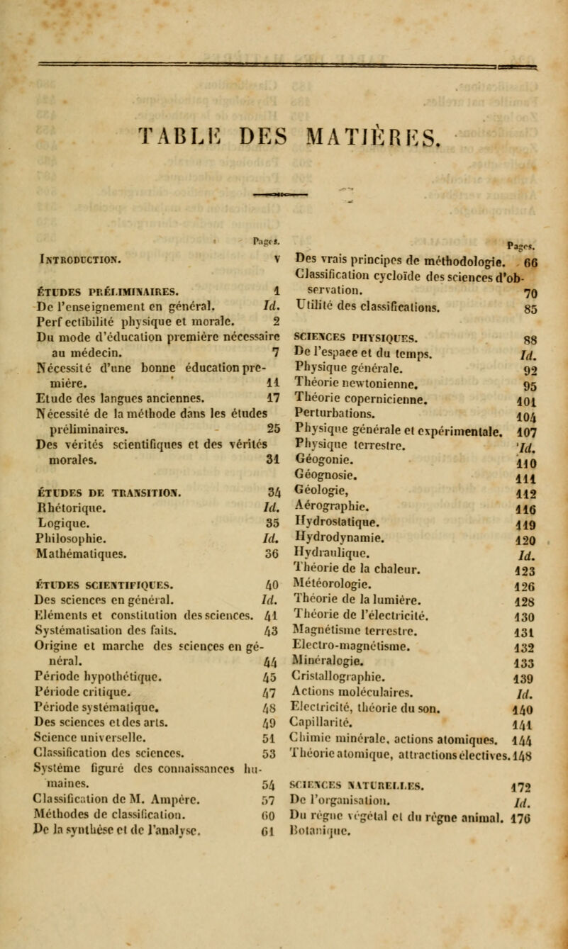 TABLIÏ DES MATIÈRES. Pagol Introduction. ÉTUDES PRÉLIMINAIRES. 1 De l'enseignement en général. Id. Perfectibilité physique et morale. 2 Du mode d'éducation première nécessaire au médecin. 7 Nécessité d'une bonne éducation pre- mière. 11 Etude dc-s langues anciennes. 17 Nécessité de la méthode dans les éludes préliminaires. 25 Des vérités scientifiques et des vérités morales. 31 ÉTUDES DE TRANSITION. 34 Rhétorique. Id. Logique. 35 Philosophie. Id. Mathématiques. 36 ÉTUDES SCIENTIFIQUES. 40 Des sciences en général. Id. Eléments et constitution des sciences. 41 Systématisation des faits. 43 Oiigine et marche des sciences en gé- néral. 44 Période hypothétique. 45 Période critique. 47 Période systématique. 48 Des sciences et des arts. 49 Science universelle. 51 Classification des sciences. 53 Système figuré des connaissances hu- maines. 54 Classification de M. Ampère. ;>7 Méthodes de classification. 60 De la synthèse et de l'analyse. Ci Pagrs. Des vrais principes de méthodologie. 66 Classification cycloïde des sciences d'ob- servation. 70 Utilité des classifications. 85 SCIENCES PHYSIQUES. De l'espaee et du temps. Physique générale. Théorie newtonienne. Théorie copernicienne. Perturbations. Physique générale et expérimentale. Physique terrestre. Géogonie. Géognosie. Géologie, Aérographie. Hydrostatique. Hydrodynamie. Hydraulique. Théorie de la chaleur. Météorologie. Théorie de la lumière. Théorie de l'électricité. Magnétisme terrestre. Electro-magnétisme. Minéralogie. Cristallographie. Actions moléculaires. Electricité, théorie du son. Capillarité. Chimie minérale, actions atomiques. 88 Id. 92 95 101 104 107 Id. H0 111 112 116 119 120 Id. 123 126 128 130 131 132 133 139 Id. 140 141 144 Théorie atomique, attractions électives. 148 S< IBM:es RATUKLLBS. 472 De l'organisation. /(/# Du régne végétal et du régne animal. 170 Botanique.