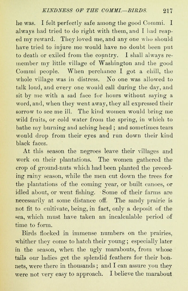 he was. I felt perfectly safe among the good Commi. I always had tried to do right with them, and I had reap- ed my reward. They loved me, and any one who should have tried to injure me would have no doubt been put. to death or exiled from the country. I shall always re- member my little village of Washington and the good Commi people. When perchance I got a chill, the whole village was in distress. No one was allowed to talk loud, and every one would call during the day, and sit by me with a sad face for hours without saying a word, and, when they went away, the}7 all expressed their sorrow to see me ill. The kind women would bring me wild fruits, or cold water from the spring, in which to bathe my burning and aching head ; and sometimes tears would drop from their eyes and run down their kind black faces. At this season the negroes leave their villages and work on their plantations. The women gathered the crop of ground-nuts which had been planted the preced- ing rainy season, while the men cut down the trees for the plantations of the coming year, or built canoes, or idled about, or went fishing. Some of their farms are necessarily at some distance off. The sandy prairie is not fit to cultivate, being, in fact, only a deposit of the sea, which must have taken an incalculable period of time to form. Birds nocked in immense numbers on the prairies, whither they come to hatch their young; especially later in the season, when the ugly marabouts, from whose tails our ladies get the splendid feathers for their bon- nets, were there in thousands; and I can assure you they were not very easy to approach. I believe the marabout