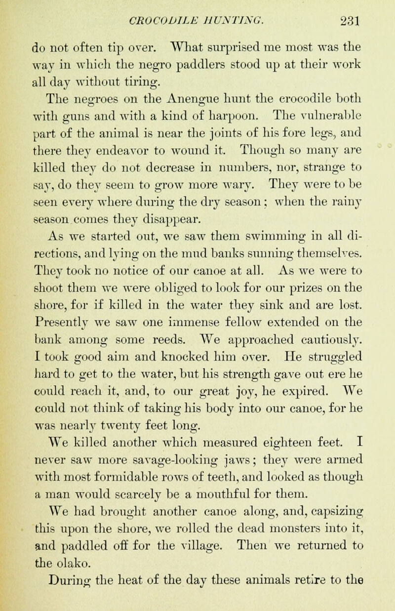 do not often tip over. What surprised me most was the way in which the negro paddlers stood up at their work all day without tiring. The negroes on the Anengue hunt the crocodile both with guns and with a kind of harpoon. The vulnerable part of the animal is near the joints of his fore legs, and there they endeavor to wound it. Though so many are killed they do not decrease in numbers, nor, strange to say, do they seem to grow more wary. They were to be seen every where during the dry season; when the rainy season comes they disappear. As we started out, we saw them swimming in all di- rections, and lying on the mud banks sunning themselves. They took no notice of our canoe at all. As we were to shoot them Ave were obliged to look for our prizes on the shore, for if killed in the water they sink and are lost. Presently we saw one immense fellow extended on the hank among some reeds. We approached cautiously. I took good aim and knocked him over. Pie struggled hard to get to the water, but his strength gave out ere he could reach it, and, to our great joy, he expired. We could not think of taking his body into our canoe, for he was nearly twenty feet long. We killed another which measured eighteen feet. I never saw more savage-looking jaws; they were armed with most formidable rows of teeth, and looked as though a man would scarcely be a mouthful for them. We had brought another canoe along, and, capsizing this upon the shore, we rolled the dead monsters into it, and paddled off for the village. Then we returned to the olako. During the heat of the day these animals retire to the