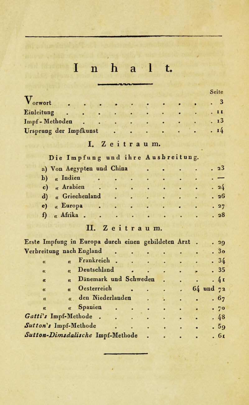 n 1 t. Seite V orwort .......... 3 Einleitung . . . . . . . . • .II Impf-Methoden '3 Ursprung der Impfkunst ...... I. Zeitraum. Die Impfung und ihre Ausbreitung, a) Von Aegypten und China .... ■ 4 c) 0 a3 =4 a6 27 „ Afrika 28 II. Zeitraum. « Indien ,( Arabien (I Griechenland « Europa Erste Impfung in Europa durch einen gebildeten Arzt . . 39 Verbreitung nach England . ... . 3o u « Frankreich ... .... 34 <c « Deutschland . . . . „ .35 « « Dänemark und Schweden . . . . 4l « « Oesterreich . . .64 und 72 « « den Niederlanden . . . . .67 « « Spanien . . . . . . -70 GattPs Impf-Methode 48 Sultan s Impf-Methode 5g Sutton-Dimsdalitche Impf-Methode 6i