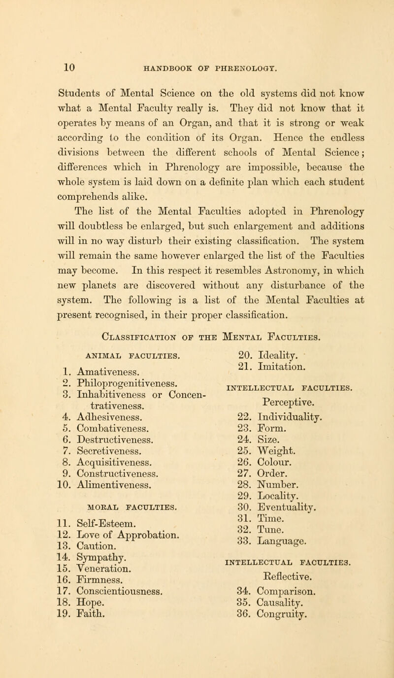 Students of Mental Science on the old systems did not know what a Mental Faculty really is. They did not know that it operates by means of an Organ, and that it is strong or weak according to the condition of its Organ. Hence the endless divisions between the different schools of Mental Science; differences which in Phrenology are impossible, because the whole system is laid down on a definite plan which each student comprehends alike. The list of the Mental Faculties adopted in Phrenology will doubtless be enlarged, but such enlargement and additions will in no way disturb their existing classification. The system will remain the same however enlarged the list of the Faculties may become. In this respect it resembles Astronomy, in which new planets are discovered without any disturbance of the system. The following is a list of the Mental Faculties at present recognised, in their proper classification. Classification of the Mental Faculties. ANIMAL FACULTIES. 1. Amativeness. 2. Philoprogenitiveness. 3. Inhabitiveness or Concen- trativeness. 4. Adhesiveness. 5. Combativeness. 6. Destructiveness. 7. Secretiveness. 8. Acquisitiveness. 9. Constructiveness. 10. Alimentiveness. MOKAL FACULTIES. 11. Self-Esteem. 12. Love of Approbation. 13. Caution. 14. Sympathy. 15. Veneration. 16. Firmness. 17. Conscientiousness. 18. Hope. 19. Faith. 20. Ideality. 21. Imitation. INTELLECTUAL FACULTIES. Perceptive. 22. Individuality. 23. Form. 24. Size. 25. Weight. 26. Colour. 27. Order. 28. Number. 29. Locality. 30. Eventuality. 31. Time. 32. Tune. 33. Language. INTELLECTUAL FACULTIE3. Eeflective. 34. Comparison. 35. Causality. 36. Congruity.