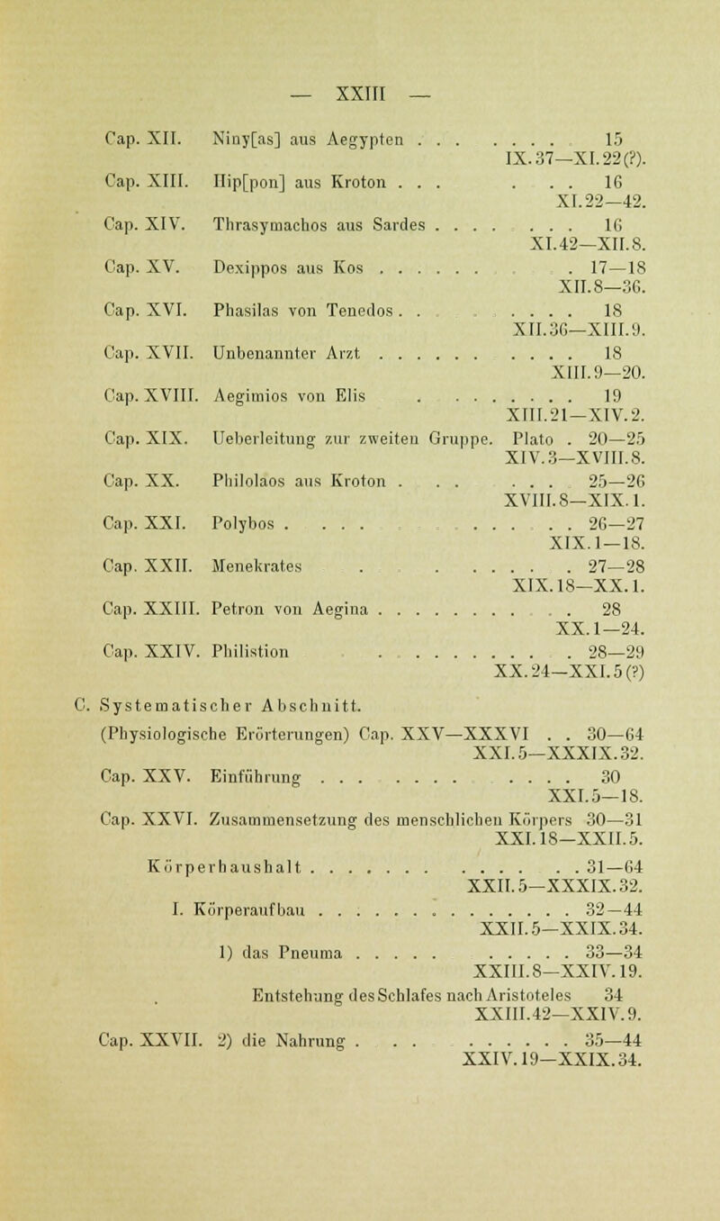 Cap. XII. Niüy[as] aus Aegypfen 15 IX.37—XI.22(?). Cap. XIII. IIip[pon] aus Kroton ... . . . 16 XI. 22—42. Cap. XIV. Thrasymachos aus Sardes ....... IG XI. 42—XII. 8. Cap. XV. Dexippos aus Kos - . 17—18 XII. 8—36. Cap. XVI. Phasilas von Tenedos. . ...... 18 XII.3G—XIII.9. Cap. XVII. Unbenannter Arzt .... 18 XIII.9—20. Cap. XVIII. Aegimios von Elis 19 XIII.21—XIV.2. Cap. XIX. Ueberleitung zur zweiten Gruppe. Plato . 20—2.5 XIV.3—XVIII.8. Cap. XX. Philolaos aus Kroton . . . ... 25-26 xvni.8—xix.i. Cap. XXI. Polybos . ... 26—27 XIX.I —18. Cap, XXII. Menekrates . . 27—28 XIX. 18—XX. 1. Cap. XXIII. Petron von Aegina 28 XX. 1—24. Cap. XXIV. Philistion . 28—29 XX.24-XXI.5(?) C. Systematischer Absclmitt. (Physiologische ErOrt.erungen) Cap. XXV—XXXVI . . 30—64 XXI. 5—XXXIX. 32. Cap. XXV. Einffihrung 30 XXI. 5—18. Cap. XXVI. Zusammensetzung des menschlichen Körpers 30—31 XXI.18—XXII.5. Kiirperhaushalt 31—64 XXII.5—XXXIX. 32. I. Kürperaufbau 32—44 XXII.5-XXIX.34. 1) das Pneuma 33—34 XXIII. 8—XXIV. 19. Entstehung des Schlafes nach Aristoteles 34 XXIII.42—XXIV.9. Cap. XXVU. 2) die Nahrung ... 35—44 XXIV.19-XXIX.34.