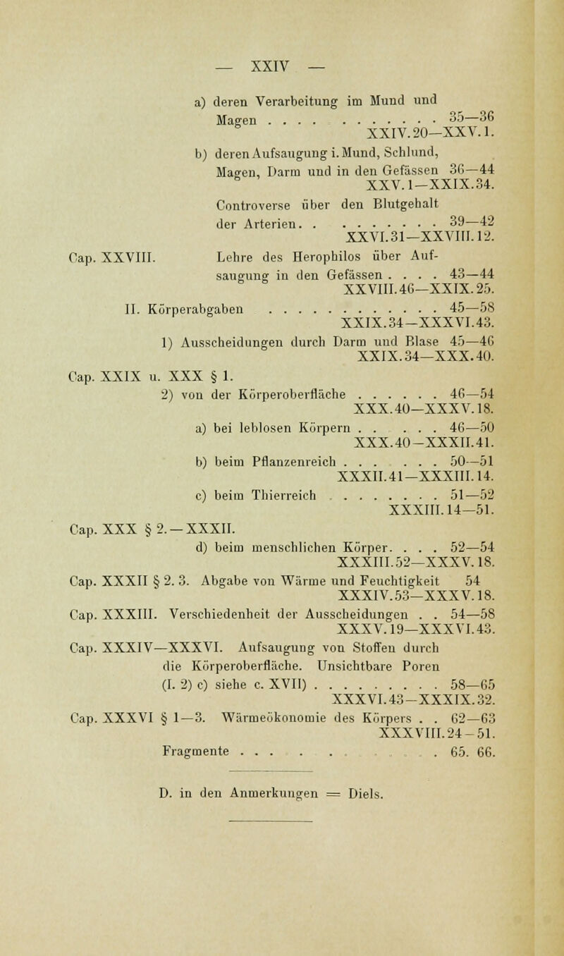 a) deren Verarbeitung im Mund und Maeen '^■^—J XXIV. 20-XX V.l. b) deren Aufsaugung i. Mund, Schlund, Maeen, Dann und in den Gefässen 3G—44 XXV.l—XXIX.34. Controverse über den Blutgehalt der Arterien 39—42 XXVI.31—XXVIII. 12. Cap. XXVIII. Lehre des Herophilos über Auf- saugung in den Gefässen .... 43—44 XXVIII. 46—XXIX. 25. II. Körperabgaben 45—58 XXIX.34-XXXVI.43. 1) Ausscheidungen durch Darm uud Blase 45—4G XXIX.34—XXX. 40. Cap. XXIX u. XXX § 1. 2) von der Körperoberfläche 46—54 XXX.40—XXXV.18. a) bei leblosen Körpern 46—50 XXX.40-XXXII.41. b) beim Pflanzenreich ...... 50—51 XXXII.41-XXXIII.14. c) beim Thierreich 51—52 XXXIII. 14—51. Cap. XXX §2. —XXXII. d) beim menschlichen Körper. . . . 52—54 XXXIII.52—XXXV.18. Cap. XXXII § 2. 3. Abgabe von Wärme und Feuchtigkeit 54 XXXIV.53—XXXV.18. Cap. XXXIII. Verschiedenheit der Ausscheidungen . . 54—58 XXXV.19—XXXVI.43. Cap. XXXIV—XXXVI. Aufsaugung von Stoffen durch die Körperoberfläche. Unsichtbare Poren (I. 2) c) siehe c. XVII) 58—65 XXXVI.43-XXXIX.32. Cap. XXXVI § 1—3. Wärmeökonomie des Körpers . . 62—63 XXXVIII. 24-51. Fragmente ... .... 65. 66. D. in den Anmerkungen ^ Diels.