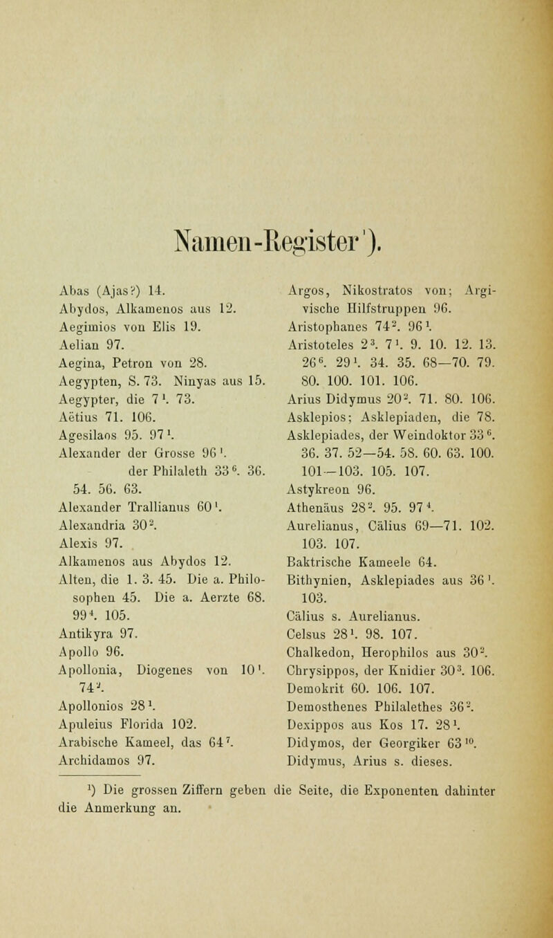 Namen-Register). Abas (Ajas?) 14. Abydos, Alkamenos aus 12. Aegimios von Elis 19. Aelian 97. Aegina, Petron von 28. Aegypten, S. 73. Ninyas aus 15. Aegypter, die 7'. 73. Aiitius 71. 106. Agesilaos 95. 97'. Alexander der Grosse 96'. der Philaleth 33'^. 3G. 54. 56. 63. Alexander Trallianus 60'. Alexandria 30-. Alexis 97. Alkamenos aus Abydos 12. Alten, die 1. 3. 45. Die a. Philo- sophen 45. Die a. Aerzte 68. 99 ^. 105. Antikyra 97. Apollo 96. Apollonia, Diogenes von 10'- 74''. Apollonios 28'. Apuleius Florida 102. Arabische Kaineel, das 64'. Archidamos 97. Argos, Nikostratos von; Argi- vische Hilfstruppen 96. Aristophanes 74^. 96'. Aristoteles 2 3. 7'. 9. 10. 12. 13. 266. 291. 34. 35. 68—70. 79. 80. 100. 101. 106. Arius Didymus 20^. 71. 80. 106. Asklepios; Asklepiaden, die 78. Asklepiades, der Weindoktor 33 ^. 36. 37. 52—54. 58. 60. 63. 100. 101 — 103. 105. 107. Astykreon 96. Athenäus 28 3. 95. 97-'. Aurelianus, Cälius 69—71. 102. 103. 107. Baktrische Kameele 64. Bithynien, Asklepiades aus 36 '. 103. Cälius s. Aurelianus. Celsus 28 >. 98. 107. Chalkedon, Herophilos aus 30^. Chrysippos, der Knidier 30^. 106. Demokrit 60. 106. 107. Demosthenes Philalethes 36°. Dexippos aus Kos 17. 28'. Didymos, der Georgiker 63'. Didymus, Arius s. dieses. ') Die gros.sen Ziffern geben die Seite, die Exponenten dahinter die Anmerkung an.