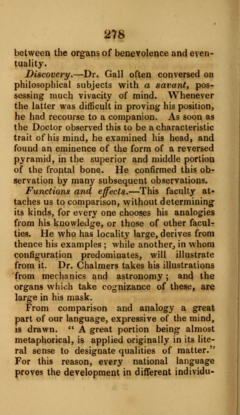 between the organs of benevolence and even- tuality. Discovery.—Dr. Gall often conversed on philosophical subjects with a savant, pos- sessing much vivacity of mind. Whenever the latter was difficult in proving his position, he had recourse to a companion. As soon as the Doctor observed this to be a characteristic trait of his mind, he examined his head, and found an eminence of the form of a reversed pyramid, in the superior and middle portion of the frontal bone. He confirmed this ob- servation by many subsequent observations. Functions and effects.—This faculty at- taches us to comparison, without determining1 its kinds, for every one chooses his analogies from his knowledge, or those of other facul- ties. He who has locality large, derives from thence his examples ; while another, in whom configuration predominates, will illustrate from it. Dr. Chalmers takes his illustrations from mechanics and astronomy; and the organs which take cognizance of these, are large in his mask. From comparison and analogy a great part of our language, expressive of the mind, is drawn. A great portion being almost metaphorical, is applied originally in its lite- ral sense to designate qualities of matter. For this reason, every national language proves the development in different individu-