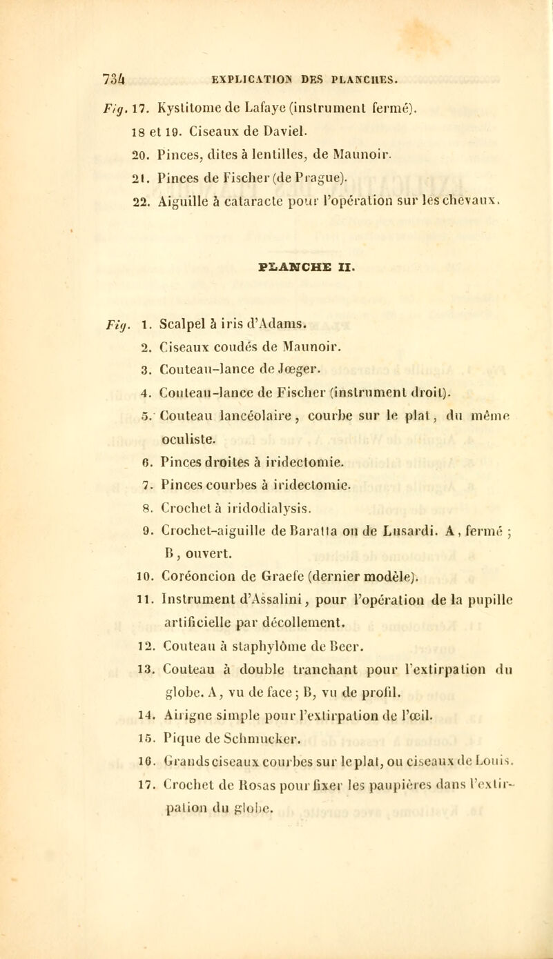 Fig.n. Kyslilome de Lafaye (instrument fermé). 18 et 19. Ciseaux de Daviel. 20. Pinces, dites à lentilles, de Maunoir. 21. Pinces de Fischer (de Prague). 22. Aiguille à cataracte pour l'opération sur les chevaux. PLANCHE II. Fig. 1. Scalpel à iris d'Adams. 2. Ciseaux coudés de Maunoir. 3. Couteau-lance de Jœger. 4. Couteau-lance de Fischer (instrument droit). 5. Couteau lancéolaire, courhe sur le plat, du même oculiste. 6. Pinces droites à iridectomie. 1. Pinces courbes à iridectomie. 8. Crocheta iridodialysis. 9. Crochet-aiguille de Baratla ou de Lusardi. A, fermé ; B, ouvert. 10. Coréoncion de Graefe (dernier modèle). il. Instrument d'Assalini, pour l'opération delà pupille artificielle par décollement. 12. Couteau à staphylôme de Béer. 13. Couteau à double tranchant pour l'extirpation du globe. A, vu de face ; B, vu de profil. 14. Airigne simple pour l'extirpation de l'œil. 15. Pique de Schmucker. 16. Grands ciseaux courbes sur lcplat, ou ciseaux de Louis. 17. Crochet de Kosas pour fixer les paupières dans l'extir- pation du glohe.