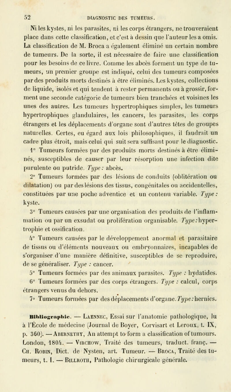 Ni les kystes, ni les parasites, ni les corps étrangers, ne trouveraient place dans cette classification, et c'est à dessin que l'auteur les a omis. La classification de M. Broca a également éliminé un certain nombre de tumeurs. De la sorte, il est nécessaire de faire une classification pour les besoins de ce livre. Comme les abcès forment un type de tu- meurs, un premier groupe est indiqué, celui des tumeurs composées par des produits morts destinés à être éliminés. Les kystes, collections de liquide, isolés et qui tendent à rester permanents ou à grossir, for- ment une seconde catégorie de tumeurs bien tranchées et voisines les unes des autres. Les tumeurs hypertrophiques simples, les tumeurs hypertrophiques glandulaires, les cancers, les parasites, les corps étrangers et les déplacements d'organe sont d'autres têtes de groupes naturelles. Certes, eu égard aux lois philosophiques, il faudrait un cadre plus étroit, mais celui qui suit sera suffisant pour le diagnostic. 1° Tumeurs formées par des produits morts destinés à être élimi- nés, susceptibles de causer par leur résorption une infection dite purulente ou putride. Type: abcès. 2° Tumeurs formées par des lésions de conduits (oblitération ou dilatation) ou par des lésions des tissus, congénitales ou accidentelles, constituées par une poche adventice et un contenu variable. Type : kyste. 3° Tumeurs causées par une organisation des produits de l'inflam- mation ou par un exsudât ou prolifération organisable. Type:hyper- trophie et ossification. U° Tumeurs causées par le développement anormal et parasitaire de tissus ou d'éléments nouveaux ou embryonnaires, incapables de s'organiser d'une manière définitive, susceptibles de se reproduire, de se généraliser. Type : cancer. 5° Tumeurs formées par des animaux parasites. Type : hydatides. 6° Tumeurs formées par des corps étrangers. Type : calcul, corps étrangers venus du dehors. 7° Tumeurs formées par des déplacements d'organe. Type:hernies. Bibliographie. — Laennec, Essai sur l'anatomie pathologique, lu à l'École de médecine (Journal de Boyer, Corvisart et Leroux, t. IX, p. 360). —Abernethy, An attempt to form a classification of tumours. London, 180fr. — Virchow, Traité des tumeurs, traduct. franc. — Ch. Robin, Dict. de Nysten, art. Tumeur. — Broca, Traité des tu- meurs, t. I. — Billroth, Pathologie chirurgicale générale.