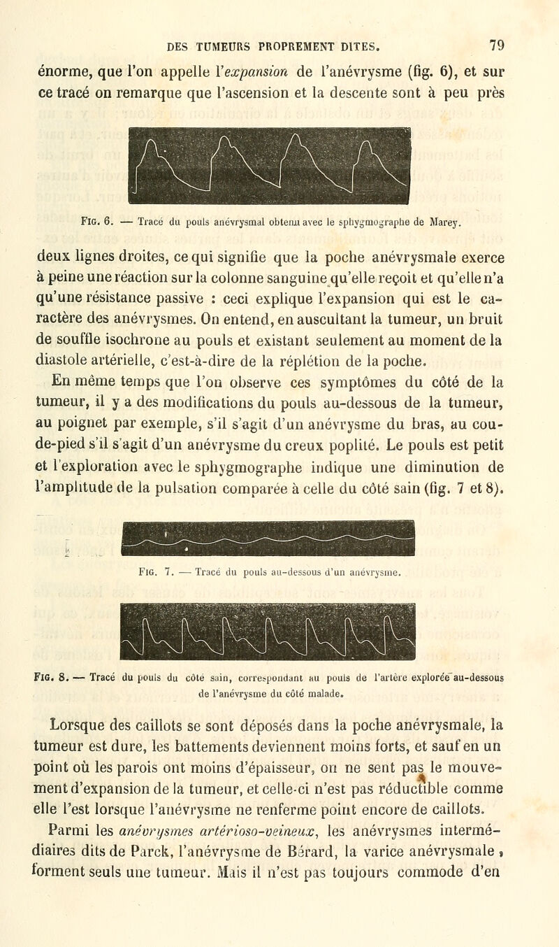 énorme, que l'on appelle l'expansion de l'anévrysme (fig. 6), et sur ce tracé on remarque que l'ascension et la descente sont à peu près FlG. 6. — Tracé du pouls anévrysmal obteau avec le sphygmographe de Marey. deux lignes droites, ce qui signifie que la poche anévrysmale exerce à peine une réaction sur la colonne sanguine qu'elle reçoit et qu'elle n'a qu'une résistance passive : ceci explique l'expansion qui est le ca- ractère des anévrysmes. On entend, en auscultant la tumeur, un bruit de souffle isochrone au pouls et existant seulement au moment de la diastole artérielle, c'est-à-dire de la réplétion de la poche. En même temps que l'on observe ces symptômes du côté de la tumeur, il y a des modifications du pouls au-dessous de la tumeur, au poignet par exemple, s'il s'agit d'un anévrysme du bras, au cou- de-pied s'il s'agit d'un anévrysme du creux poplité. Le pouls est petit et l'exploration avec le sphygmographe indique une diminution de l'amplitude de la pulsation comparée à celle du côté sain (fig. 7 et 8). Fig. 7. — Tracé du pouls au-dessous d'un anévrysme. FlG. 8. — Tracé du pouls du côté sain, correspondant au pouls de l'artère explorée au-dessous de l'anévrysme du côté malade. Lorsque des caillots se sont déposés dans la poche anévrysmale, la tumeur est dure, les battements deviennent moins forts, et sauf en un point où les parois ont moins d'épaisseur, on ne sent pas le mouve- ment d'expansion de la tumeur, et celle-ci n'est pas réductible comme elle l'est lorsque l'anévrysme ne renferme point encore de caillots. Parmi les anévrysmes artérioso-veineux, les anévrysmes intermé- diaires dits de Parck, l'anévrysme de Bérard, la varice anévrysmale » forment seuls une tumeur. Mais il n'est pas toujours commode d'en