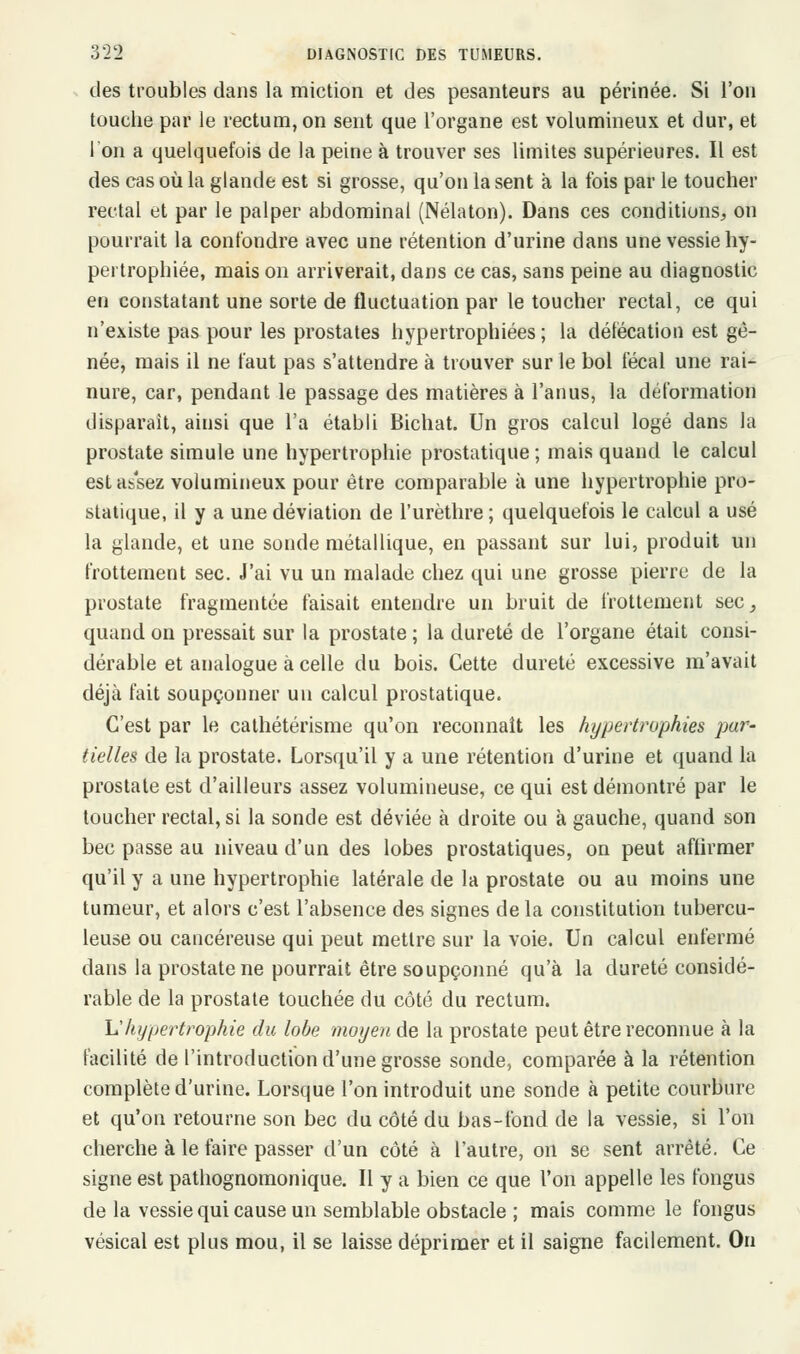 des troubles dans la miction et des pesanteurs au périnée. Si l'on touche par le rectum, on sent que l'organe est volumineux et dur, et l'on a quelquefois de la peine à trouver ses limites supérieures. Il est des cas où la glande est si grosse, qu'on la sent à la fois par le toucher rectal et par le palper abdominal (Nélaton). Dans ces conditions, on pourrait la confondre avec une rétention d'urine dans une vessie hy- pertrophiée, mais on arriverait, dans ce cas, sans peine au diagnostic en constatant une sorte de fluctuation par le toucher rectal, ce qui n'existe pas pour les prostates hypertrophiées; la défécation est gê- née, mais il ne faut pas s'attendre à trouver sur le bol fécal une rai- nure, car, pendant le passage des matières à l'anus, la déformation disparait, ainsi que l'a établi Bichat. Un gros calcul logé dans la prostate simule une hypertrophie prostatique ; mais quand le calcul est assez volumineux pour être comparable à une hypertrophie pro- statique, il y a une déviation de l'urèthre ; quelquefois le calcul a usé la glande, et une sonde métallique, en passant sur lui, produit un frottement sec. J'ai vu un malade chez qui une grosse pierre de la prostate fragmentée faisait entendre un bruit de frottement sec, quand on pressait sur la prostate ; la dureté de l'organe était consi- dérable et analogue à celle du bois. Cette dureté excessive m'avait déjà fait soupçonner un calcul prostatique. C'est par le cathétérisme qu'on reconnaît les hypertrophies par- tielles de la prostate. Lorsqu'il y a une rétention d'urine et quand la prostate est d'ailleurs assez volumineuse, ce qui est démontré par le toucher rectal, si la sonde est déviée à droite ou à gauche, quand son bec passe au niveau d'un des lobes prostatiques, on peut affirmer qu'il y a une hypertrophie latérale de la prostate ou au moins une tumeur, et alors c'est l'absence des signes de la constitution tubercu- leuse ou cancéreuse qui peut mettre sur la voie. Un calcul enfermé dans la prostate ne pourrait être soupçonné qu'à la dureté considé- rable de la prostate touchée du côté du rectum. h'hypertrophie du lobe moyen de la prostate peut être reconnue à la facilité de l'introduction d'une grosse sonde, comparée à la rétention complète d'urine. Lorsque l'on introduit une sonde à petite courbure et qu'on retourne son bec du côté du bas-fond de la vessie, si l'on cherche à le faire passer d'un côté à l'autre, on se sent arrêté. Ce signe est pathognomonique. Il y a bien ce que l'on appelle les fongus de la vessie qui cause un semblable obstacle ; mais comme le fongus vésical est plus mou, il se laisse déprimer et il saigne facilement. On