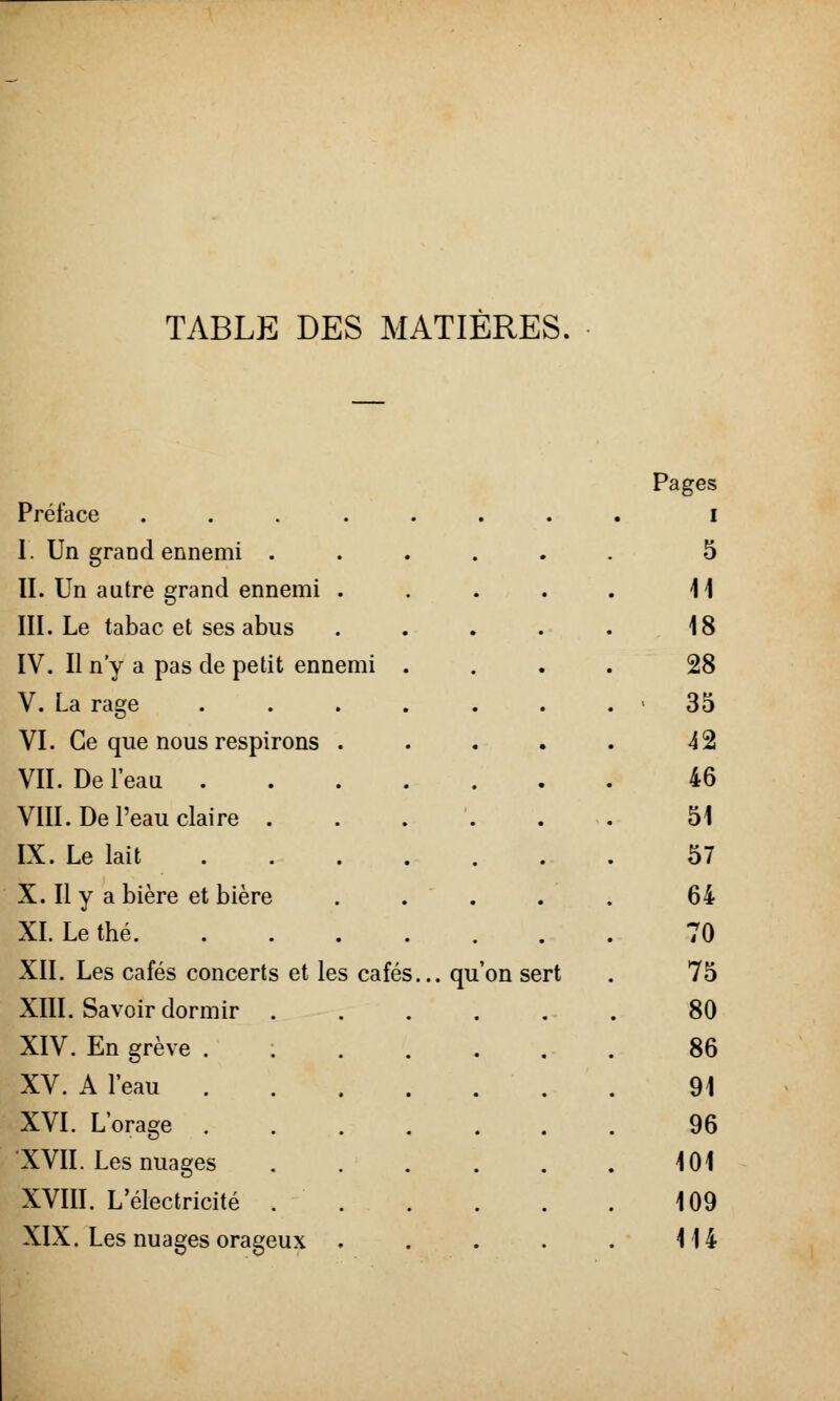 TABLE DES MATIÈRES. Préface .... I. Un grand ennemi . II. Un autre grand ennemi . III. Le tabac et ses abus IV. Il n'y a pas de petit ennemi V. La rage VI. Ce que nous respirons . VII. De l'eau . VIII. De l'eau claire . IX. Le lait X. Il y a bière et bière XL Le thé. XII. Les cafés concerts et les cafés XIII. Savoir dormir . XIV. En grève . ; XV. A l'eau . XVI. L'orage XVII. Les nuages XVIII. L'électricité . XIX. Les nuages orageux . qu on sert Pages I 5 11 18 28 35 42 46 51 57 64 70 75 80 86 91 96 101 109 114