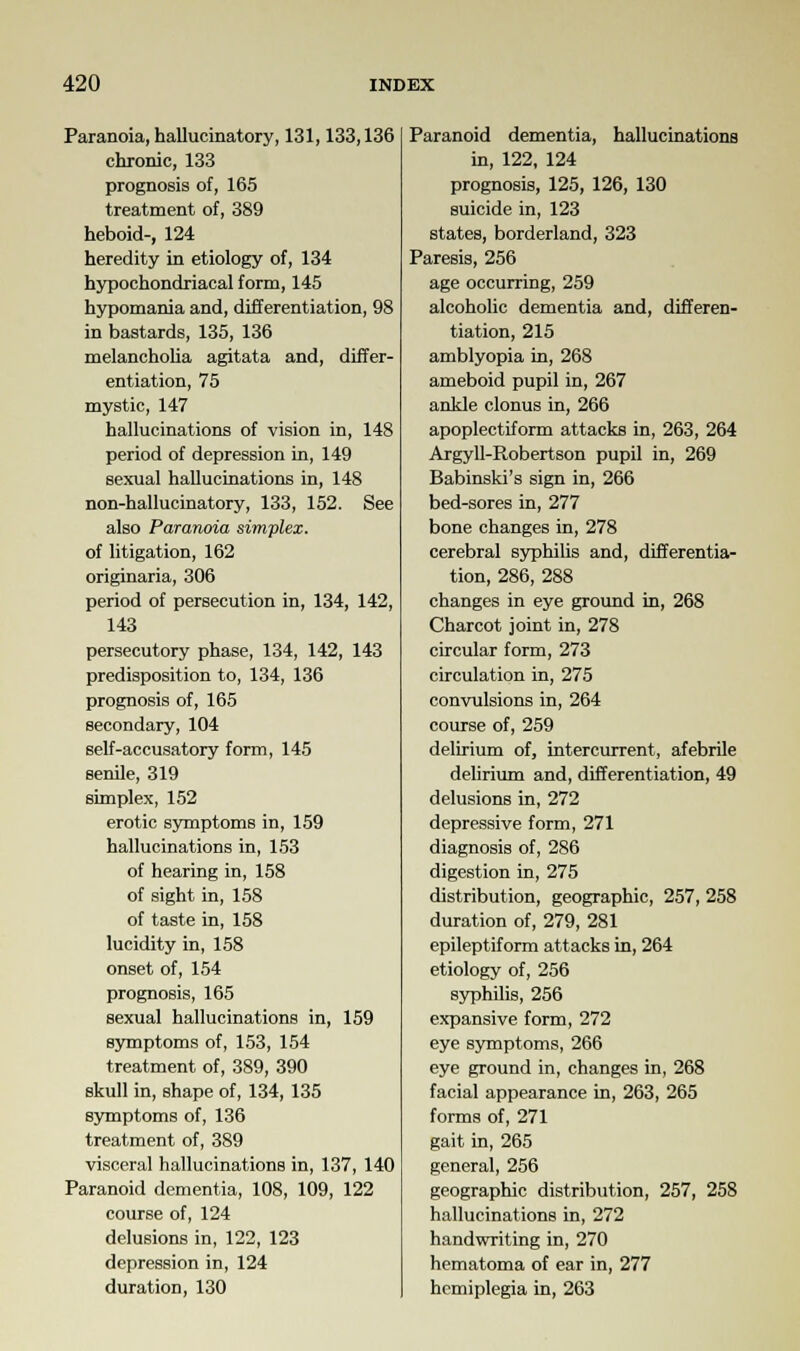 Paranoia, hallucinatory, 131,133,136 chronic, 133 prognosis of, 165 treatment of, 389 heboid-, 124 heredity in etiology of, 134 hypochondriacal form, 145 hypomania and, differentiation, 98 in bastards, 135, 136 melancholia agitata and, differ- entiation, 75 mystic, 147 hallucinations of vision in, 148 period of depression in, 149 sexual hallucinations in, 148 non-hallucinatory, 133, 152. See also Paranoia simplex. of litigation, 162 originaria, 306 period of persecution in, 134, 142, 143 persecutory phase, 134, 142, 143 predisposition to, 134, 136 prognosis of, 165 secondary, 104 self-accusatory form, 145 senile, 319 simplex, 152 erotic symptoms in, 159 hallucinations in, 153 of hearing in, 158 of sight in, 158 of taste in, 158 lucidity in, 158 onset of, 154 prognosis, 165 sexual hallucinations in, 159 symptoms of, 153, 154 treatment of, 389, 390 skull in, shape of, 134, 135 symptoms of, 136 treatment of, 389 visceral hallucinations in, 137, 140 Paranoid dementia, 108, 109, 122 course of, 124 delusions in, 122, 123 depression in, 124 duration, 130 Paranoid dementia, hallucinations in, 122, 124 prognosis, 125, 126, 130 suicide in, 123 states, borderland, 323 Paresis, 256 age occurring, 259 alcoholic dementia and, differen- tiation, 215 amblyopia in, 268 ameboid pupil in, 267 ankle clonus in, 266 apoplectiform attacks in, 263, 264 Argyll-Robertson pupil in, 269 Babinski's sign in, 266 bed-sores in, 277 bone changes in, 278 cerebral syphilis and, differentia- tion, 286, 288 changes in eye ground in, 268 Charcot joint in, 278 circular form, 273 circulation in, 275 convulsions in, 264 course of, 259 delirium of, intercurrent, afebrile delirium and, differentiation, 49 delusions in, 272 depressive form, 271 diagnosis of, 286 digestion in, 275 distribution, geographic, 257, 258 duration of, 279, 281 epileptiform attacks in, 264 etiology of, 256 syphilis, 256 expansive form, 272 eye symptoms, 266 eye ground in, changes in, 268 facial appearance in, 263, 265 forms of, 271 gait in, 265 general, 256 geographic distribution, 257, 258 hallucinations in, 272 handwriting in, 270 hematoma of ear in, 277 hemiplegia in, 263
