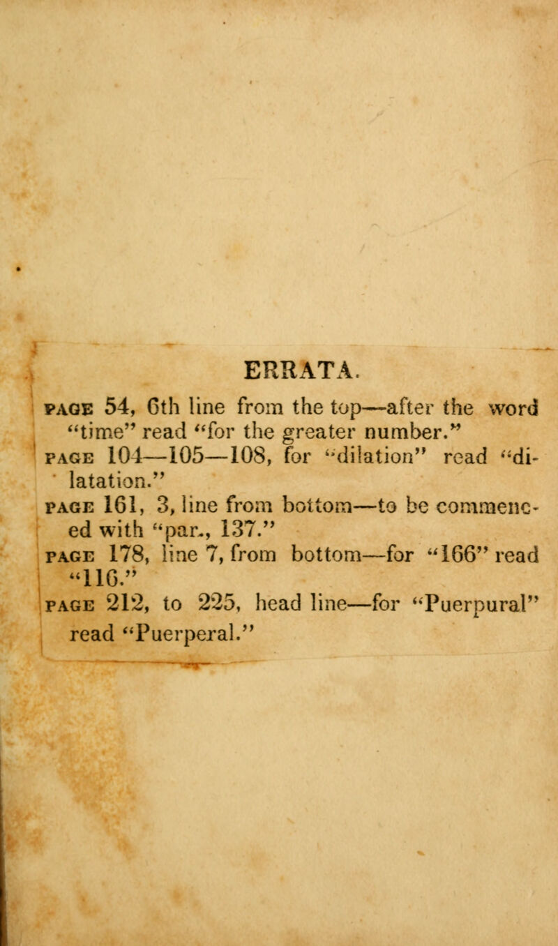 ERRATA. page 54, Cth line from the top—after the word time read for the greater number. page 104—105—108, for dilation read di- latation. page 161, 3, line from bottom—to be commenc- ed with par., 137. page 178, line 7, from bottom—for 166 read 116. page 212, to 225, head line—for Puerpura! read Puerperal.