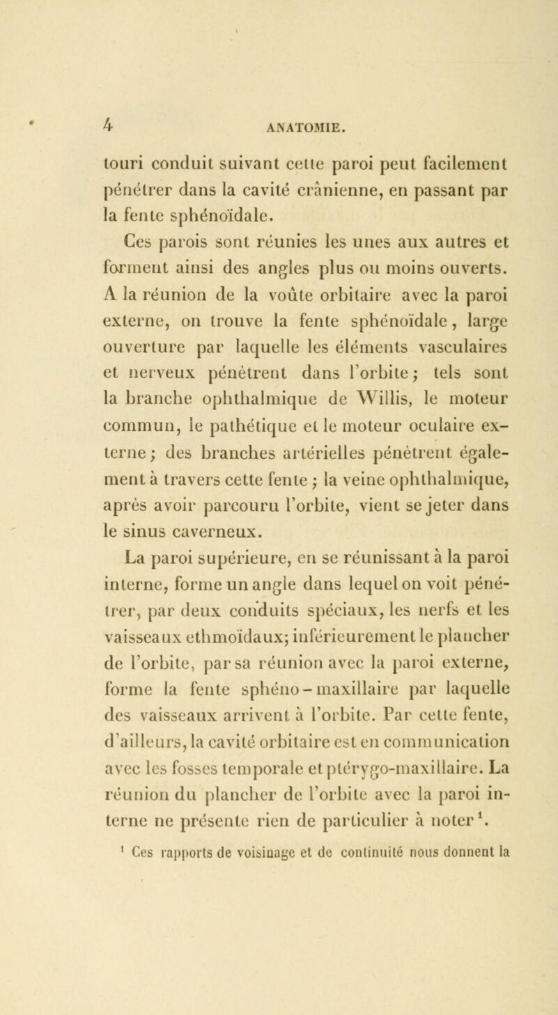 touri conduit suivant celle paroi peut facilement pénétrer dans la cavité crânienne, en passant par la fente sphénoïdale. Ces parois sont réunies les unes aux autres et forment ainsi des angles plus ou moins ouverts. A la réunion de la voûte orbilaire avec la paroi externe, on trouve la fente sphénoïdale, large ouverture par laquelle les éléments vasculaires et nerveux pénètrent dans l'orbite ; tels sont la branche ophthalmique de Willis, le moteur commun, le pathétique elle moteur oculaire ex- terne; des branches artérielles pénètrent égale- ment à travers cette fente ) la veine ophlhalmique, après avoir parcouru l'orbite, vient se jeter dans le sinus caverneux. La paroi supérieure, en se réunissant à la paroi interne, forme un angle dans lequel on voit péné- trer,, par deux conduits spéciaux, les nerfs et les vaisseaux ethmoïdaux; inférieurement le plancher de l'orbite, par sa réunion avec la paroi externe, forme la fente sphéno-maxillaire par laquelle des vaisseaux arrivent à l'orbite. Par celle fente, d'ailleurs, la cavité orbitaire est en communication avec les fosses temporale et plérygo-maxiUaire. La réunion du plancher de l'orbite avec la paroi in- terne ne présente rien de particulier à noter1. 1 Ces rapports de voisinage et de continuité nous donnent la