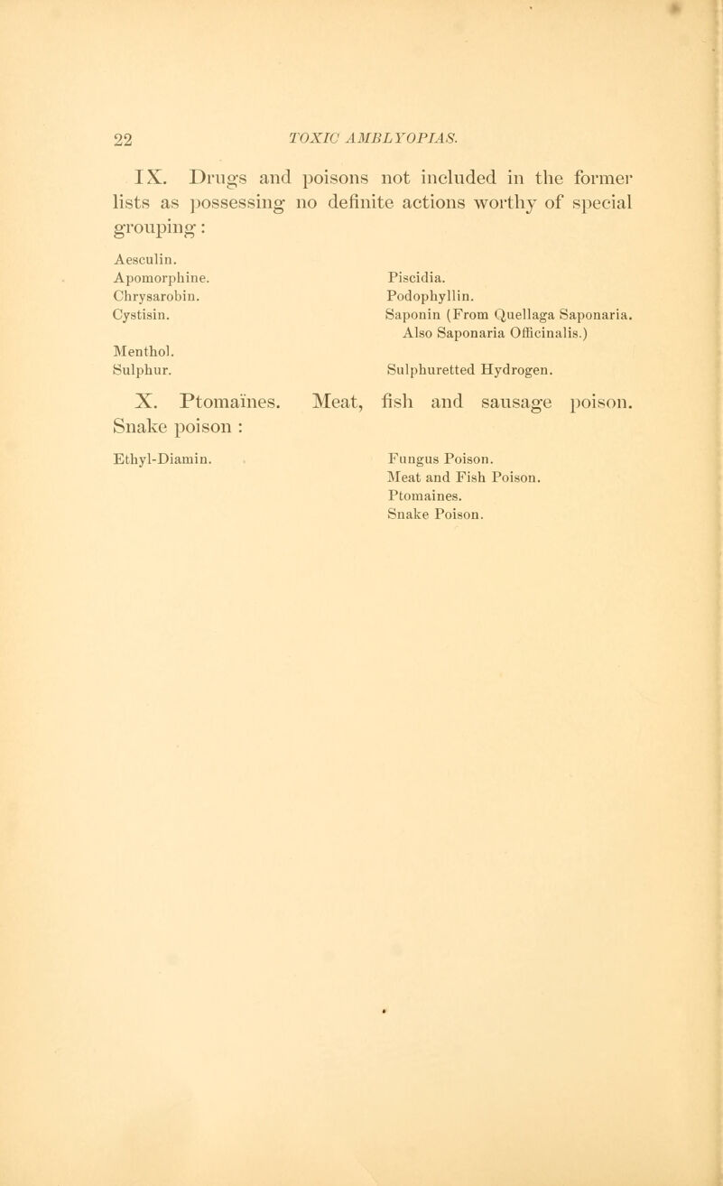 IX. Drugs and lists as possessing grouping: poisons not included in the former no definite actions worthy of special Aesculin. Apomorphine. Piscidia. Chrysarobin. Podophyllin. Cystisin. Saponin (From Quellaga Saponaria, Also Saponaria Officinalis.) Menthol. Sulphur. Sulphuretted Hydrogen. X. Ptomaines. Meat, fish and sausage poison, Snake poison : Ethyl-Diamin. Fungus Poison. Meat and Fish Poison. Ptomaines. Snake Poison.