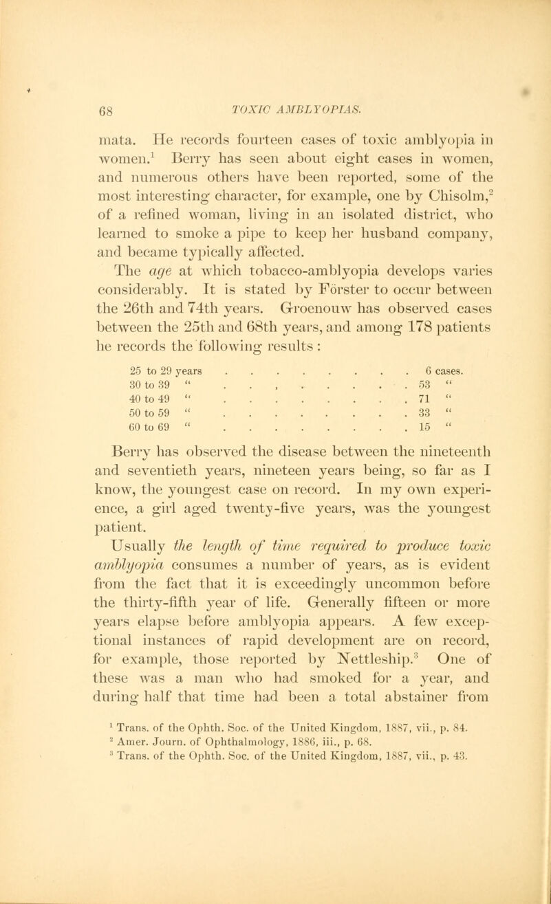 mata. He records fourteen cases of toxic amblyopia in women.1 Berry has seen about eight cases in women, and numerous others have been reported, some of the most interesting- character, for example, one by Chisolm,2 of a refined woman, living in an isolated district, who learned to smoke a pipe to keep her husband company, and became typically affected. The age at which tobacco-amblyopia develops varies considerably. It is stated by Forster to occur between the 26th and 74th years. Groenouw has observed cases between the 25th and 68th years, and among 178 patients he records the following results : 25 to 29 years 6 cases. 30 to 39  53  40 to 49  71  50 to 59  33  60 to 69  15  Berry has observed the disease between the nineteenth and seventieth years, nineteen years being, so far as I know, the youngest case on record. In my own experi- ence, a girl aged twenty-five years, was the youngest patient. Usually the length of time required to produce toxic amblyopia consumes a number of years, as is evident from the fact that it is exceedingly uncommon before the thirty-fifth year of life. Generally fifteen or more years elapse before amblyopia appears. A few excep- tional instances of rapid development are on record, for example, those reported by Nettleship.3 One of these was a man who had smoked for a year, and during half that time had been a total abstainer from 1 Trans, of the Ophth. Soc. of the United Kingdom, 1887, vii., p. 84. 2 Amer. Journ. of Ophthalmology, 1886, iii., p. 68. 3 Trans, of the Ophth. Soc. of the United Kingdom, 1887, vii., p. 43.