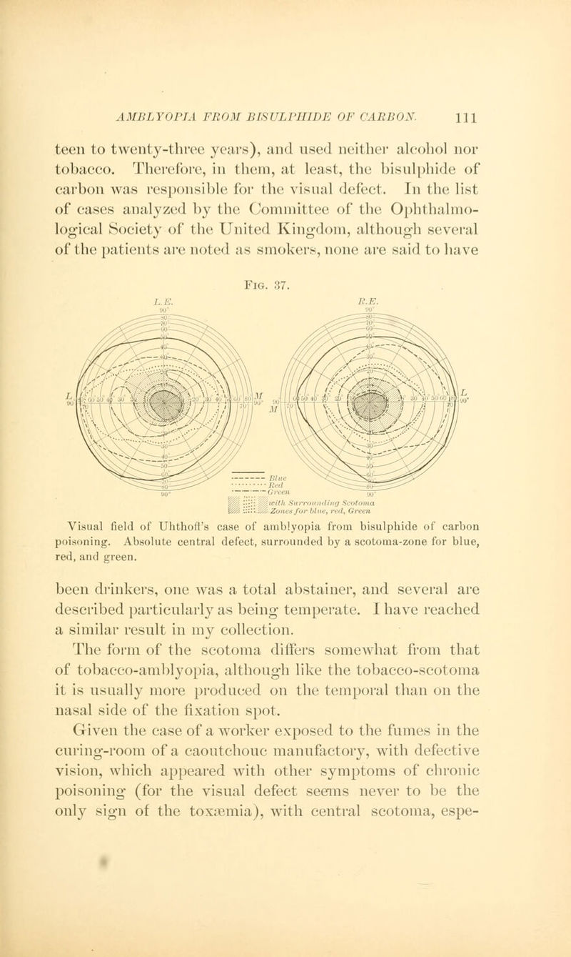 teen to twenty-three years), and used neither alcohol nor tobacco. Therefore, in them, at least, the bisulphide of carbon was responsible for the visual defect. In the list of cases analyzed by the Committee of the Ophthalmo- logical Society of the United Kingdom, although several of the patients are noted as smokers, none are said to have Fig. 37. B. /•:. /;/„,. Red ( %g? :.:■■ vtfaith Surrounding Scotoma Wii. •j.::\.&& Zones for blue, red, Green Visual field of Uhthoft's case of amblyopia from bisulphide of carbon poisoning. Absolute central defect, surrounded by a scotoma-zone for blue, red, and green. been drinkers, one was a total abstainer, and several are described particularly as being temperate. I have reached a similar result in my collection. The form of the scotoma differs somewhat from that of tobacco-amblyopia, although like the tobacco-scotoma it is usually more produced on the temporal than on the nasal side of the fixation spot. Given the case of a worker exposed to the fumes in the curing-room of a caoutchouc manufactory, with defective vision, which appeared with other symptoms of chronic poisoning (for the visual defect seems never to be the only sign of the toxaemia), with central scotoma, espe-