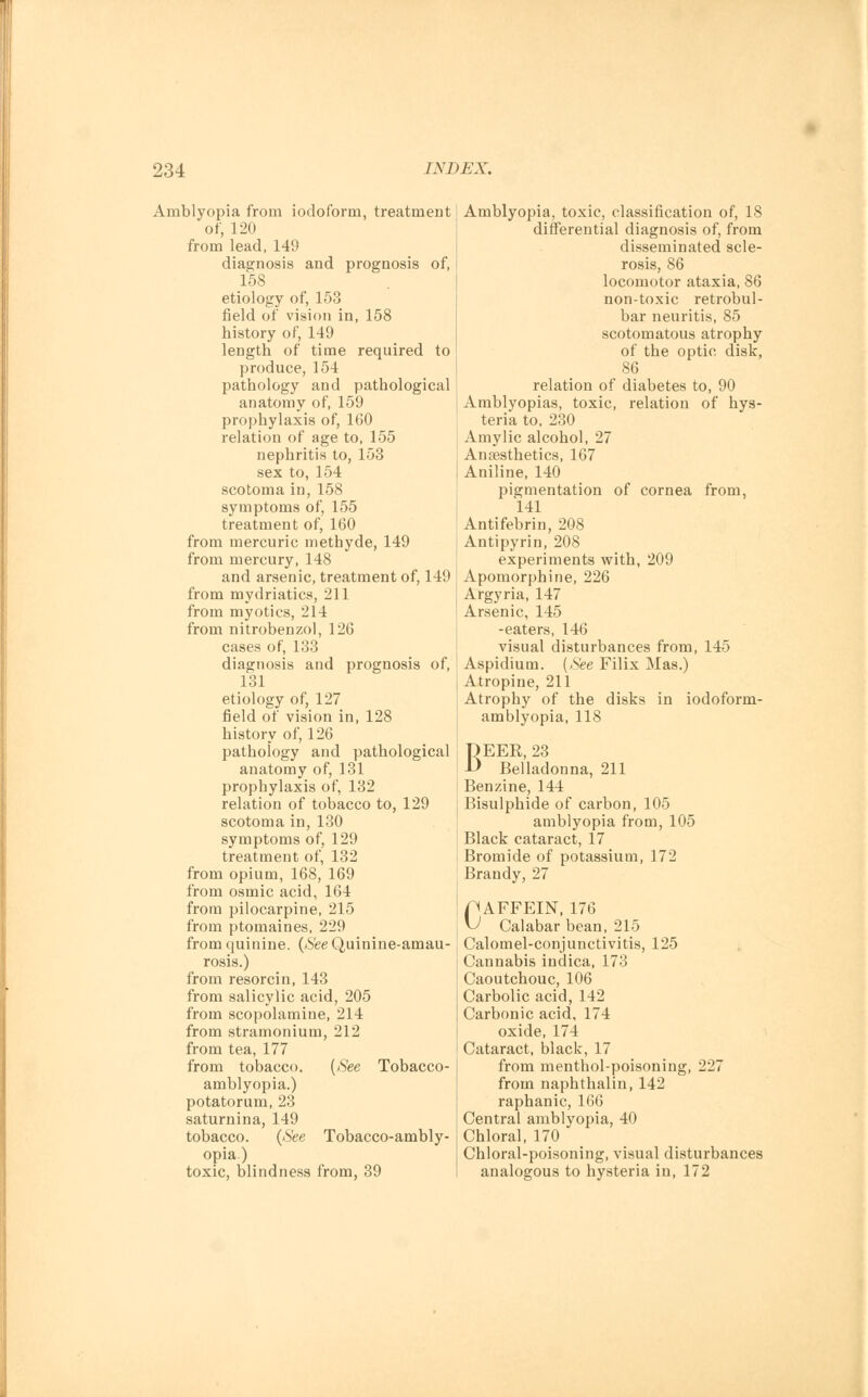 Amblyopia from iodoform, treatment of, 120 from lead, 149 diagnosis and prognosis of, 158 etiology of, 158 field of vision in, 158 history of, 149 length of time required to produce, 154 pathology and pathological anatomy of, 159 prophylaxis of, 1G0 relation of age to, 155 nephritis to, 153 sex to, 154 scotoma in, 158 symptoms of, 155 treatment of, 160 from mercuric methyde, 149 from mercury, 148 and arsenic, treatment of, 149 from mydriatics, 211 from myotics, 214 from nitrobenzol, 126 cases of, 133 diagnosis and prognosis of, 131 etiology of, 127 field of vision in, 128 history of, 126 pathology and pathological anatomy of, 131 prophylaxis of, 182 relation of tobacco to, 129 scotoma in, 130 symptoms of, 129 treatment of, 132 from opium, 168, 169 from osmic acid, 164 from pilocarpine, 215 from ptomaines, 229 from quinine. (*S'eeQuinine-amau- rosis.) from resorcin, 143 from salicylic acid, 205 from scopolamine, 214 from stramonium, 212 from tea, 177 from tobacco. {See Tobacco- amblyopia.) potatorum, 23 saturnina, 149 tobacco. {See Tobacco-ambly- opia ) toxic, blindness from, 39 Amblyopia, toxic, classification of, 18 differential diagnosis of, from disseminated scle- rosis, 86 locomotor ataxia, 86 non-toxic retrobul- bar neuritis, 85 scotomatous atrophy of the optic disk, 86 relation of diabetes to, 90 Amblyopias, toxic, relation of hys- teria to, 230 Amylic alcohol, 27 Anaesthetics, 167 Aniline, 140 pigmentation of cornea from, 141 Antifebrin, 208 Antipyrin, 208 experiments with, 209 Apomorphine, 226 Argyria, 147 Arsenic, 145 -eaters, 146 visual disturbances from, 145 Aspidium. {See Filix Mas.) Atropine, 211 Atrophy of the disks in iodoform- amblyopia, 118 BEER, 23 Belladonna, 211 Benzine, 144 Bisulphide of carbon, 105 amblyopia from, 105 Black cataract, 17 Bromide of potassium, 172 Brandy, 27 pAFFEIN, 176 ^ Calabar bean, 215 Calomel-conjunctivitis, 125 Cannabis indica, 173 Caoutchouc, 106 Carbolic acid, 142 Carbonic acid, 174 oxide, 174 Cataract, black, 17 from menthol-poisoning, 227 from naphthalin, 142 raphanic, 166 Central amblyopia, 40 Chloral, 170 Chloral-poisoning, visual disturbances analogous to hysteria in, 172