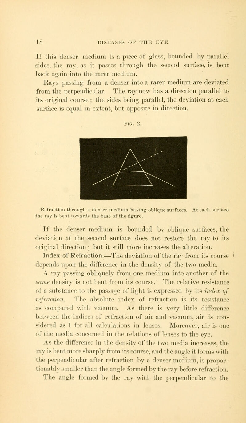 If this denser medium is a piece of glass, bounded by parallel sides, the ray, as it passes through the second surface, is bent back again into the rarer medium. Kays passing from a denser into a rarer medium are deviated from the perpendicular. The ray now has a direction parallel to its original course; the sides being parallel, the deviation at each surface is equal in extent, but opposite in direction. Fig. 2. Refraction through a denser medium having oblique surfaces. At each surface the ray is bent towards the base of the figure. If the denser medium is bounded by oblique surfaces, the deviation at the second surface does not restore the ray to its original direction ; but it still more increases the alteration. Index of Refraction.—The deviation of the ray from its course I depends upon the difference in the density of the two media. A ray passing obliquely from one medium into another of the same density is not bent from its course. The relative resistance of a substance to the passage of light is expressed by its index of refraction. The absolute index of refraction is its resistance as compared with vacuum. As there is very little difference between the indices of refraction of air and vacuum, air is con- sidered as 1 for all calculations in lenses. Moreover, air is one of the media concerned in the relations of lenses to the eye. As the difference in the density of the two media increases, the ray is bent more sharply from its course, and the angle it forms with the perpendicular after refraction by a denser medium, is propor- tional >ly smaller than the angle formed by the ray before refraction. The angle formed by the ray with the perpendicular to the