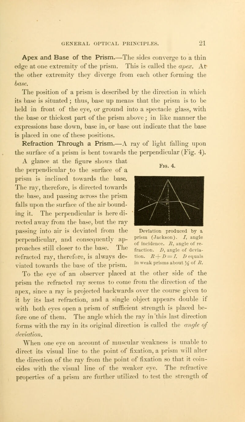 Apex and Base of the Prism.—The sides converge to a thin edge at one extremity of the prism. This is called the apex. At the other extremity they diverge from each other forming the base. The position of a prism is described by the direction in which its base is situated ; thus, base up means that the prism is to be held in front of the eye, or ground into a spectacle glass, with the base or thickest part of the prism above; in like manner the expressions base down, base in, or base out indicate that the base is placed in one of these positions. Refraction Through a Prism.—A ray of light falling upon the surface of a prism is bent towards the perpendicular (Fig. 4). A glance at the figure shows that Fig. 4. the perpendicular to the surface of a prism is inclined towards the base. The ray, therefore, is directed towards the base, and passing across the prism falls upon the surface of the air bound- ing it. The perpendicular is here di- rected away from the base, but the ray passing into air is deviated from the Deviation produced by a perpendicular, and consequently ap- Prism (J«*«m)- *> angle 11 ' of incidence. R, angle of re- proaches still closer to the base. Ihe fraction. Dj angle 0f devia- refracted rav, therefore, is always de- tion. R—D = i. D equals viared towards the base of the prism. in weak Prisms about * of «■ To the eye of an observer placed at the other side of the prism the refracted ray seems to come from the direction of the apex, since a ray is projected backwards over the course given to it by its last refraction, and a single object appears double if with both eyes open a prism of sufficient strength is placed be- fore one of them. The angle which the ray in this last direction forms with the ray in its original direction is called the angle of deviation. When one eye on account of muscular weakness is unable to direct its visual line to the point of fixation, a prism will alter the direction of the ray from the point of fixation so that it coin- cides with the visual line of the weaker eye. The refractive properties of a prism are further utilized to test the strength of