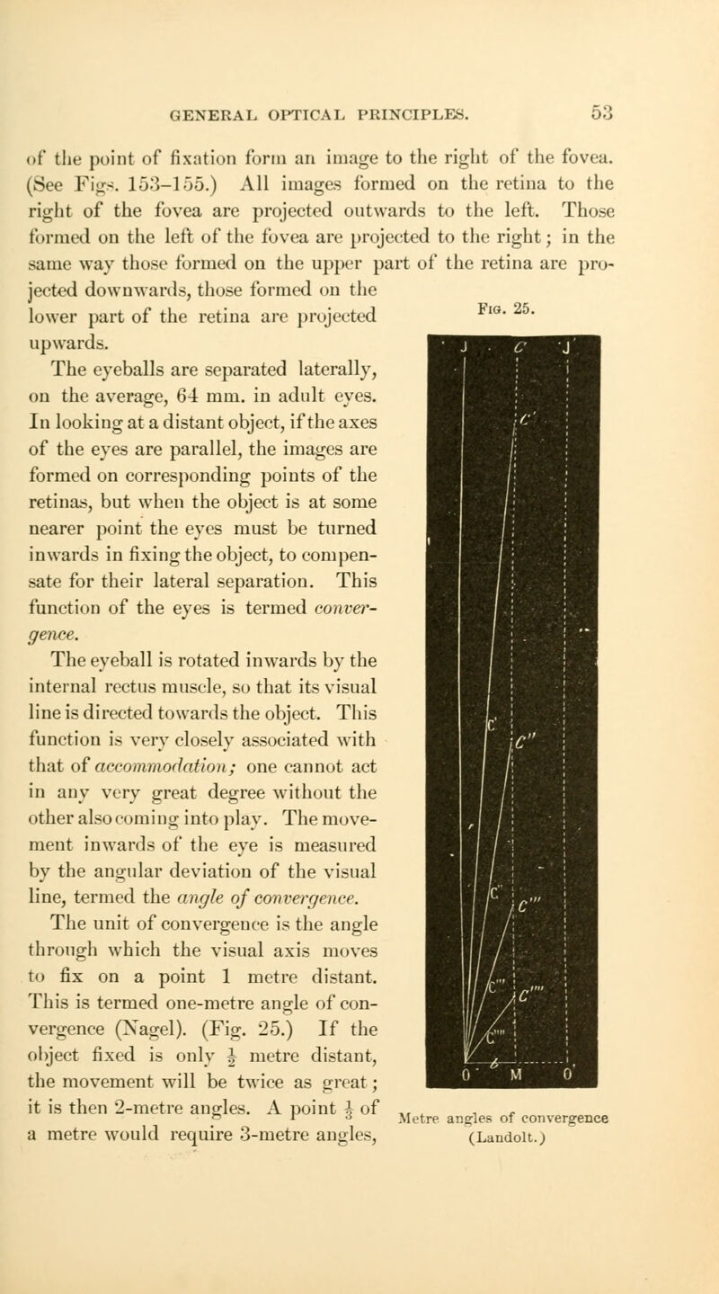 Fig. 25. of the point of fixation form an image to the right of the fovea. (See Figs. 153-155.) All images formed on the retina to the right of the fovea are projected outwards to the left. Those formed on the left of the fovea are projected to the right; in the same way those formed on the upper part of the retina are pro- jected downwards, those formed on the lower part of the retina are projected upwards. The eyeballs are separated laterally, on the average, 64 mm. in adult eyes. In looking at a distant object, if the axes of the eyes are parallel, the images are formed on corresponding points of the retinas, but when the object is at some nearer point the eyes must be turned inwards in fixing the object, to compen- sate for their lateral separation. This function of the eyes is termed conver- gence. The eyeball is rotated inwards by the internal rectus muscle, so that its visual line is directed towards the object. This function is very closely associated with that of accommodation; one cannot act in any very great degree without the other alsocoming into play. The move- ment inwards of the eye is measured by the angular deviation of the visual line, termed the angle of convergence. The unit of convergence is the angle through which the visual axis moves to fix on a point 1 metre distant. This is termed one-metre angle of con- vergence (Xagel). (Fig. 25.) If the object fixed is only ^ metre distant, the movement will be twice as great; it is then 2-metre angles. A point h of „ . . , p r a Metre angles of convergence a metre would require 3-metre angles, (Landoit.;