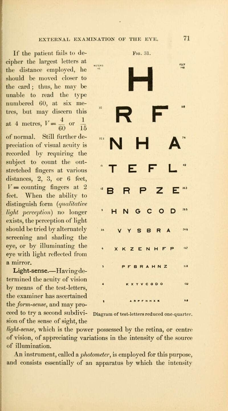 H If the patient fails to tie- Fig. 31. cipher the largest letters at * ° villus the distance employed, he ,4 should be moved closer to the card ; thus, he may be unable to read the type numbered 60, at six me- . ties, but may discern tliis J ^ 4- A f T/ 4 1 l\ at 4 metres, \ = — or — of normal. Still further de- ni - . ■ ■ A '* preciation of visual acuity is |^J fJ fi\ recorded by requiring the subject to count the out- s w stretched fingers at various EL- t L» distances, 2, 3, or 6 feet, r= counting fingers at 2 o D D 7 C MJ feet. When the ability to distinguish form (qualitative light perception) no longer H N G C O D exists, the perception of light should be tried by alternately ' u v Y S B R A 24i screening and shading the eye, or by illuminating the , xkzenhfp iM eye with light reflected from a mirror. * pfbrahnz ** Light-sense.—Havingde- termined the acuity of vision - 4 KXTVCODO Hi by means ot the test-letters, the examiner has ascertained , A R P F N H X « M the jorm-sense, and may pro- ceed to try a Second Sllbdivi- Diagram of tesUetters reduced one-quarter, sion of the sense of sight, the light-sense, which is the power possessed by the retina, or centre of vision, of appreciating variations in the intensity of the source of illumination. An instrument, called a photometer, is employed for this purpose, and consists essentially of an apparatus by which the intensity