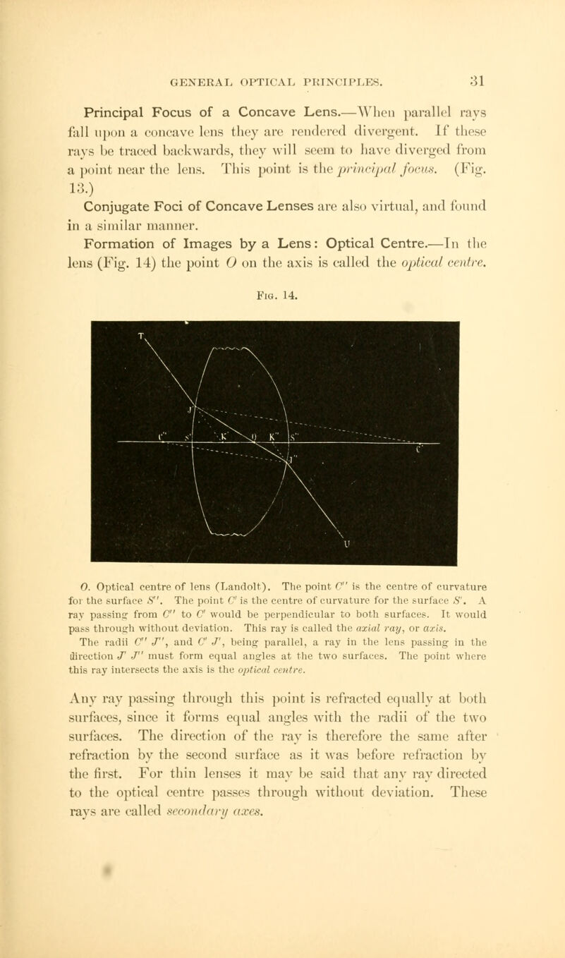 Principal Focus of a Concave Lens.—When parallel rays fall upon a concave lens they arc rendered divergent. If these ravs he traced backwards, they will seem to have diverged from a point near the lens. This point is the principal focus. (Fig. L3.) Conjugate Foci of Concave Lenses are also virtual, and found in a similar manner. Formation of Images by a Lens: Optical Centre.—Tn the lens (Fig. 14) the point O on the axis is called the optical centre. Fig. 14. 0. Optical centre of lens (Landolt). The point C is the centre of curvature for the surface S. The point C is the centre of curvature for the surface 6. A ray passing from C to C would be perpendicular to both surfaces. It would pass through without deviation. This ray is called the axial ray, or axis. The radii C J, and C J', being parallel, a ray in the lens passing in the direction T J must form equal angles at the two surfaces. The point where this ray intersects the axis is the optical centre. Any ray passing through this point is refracted equally at both surfaces, since it forms eqnal angles with the radii of the two surfaces. The direction of the ray is therefore the same after refraction by the second surface as it was before refraction by the first. For thin lenses it may be said that any ray directed to the optical centre passes through without deviation. These rays are called secondary axes.